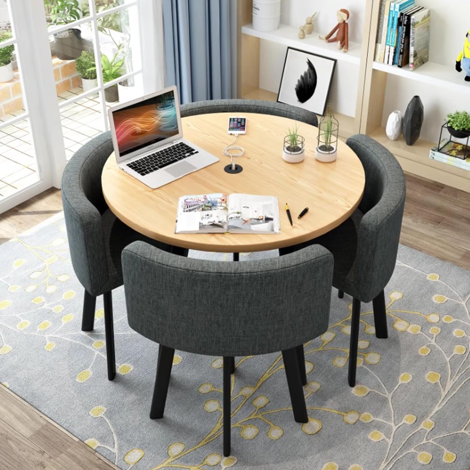 Small Space Dining Table, Round Dining Table and Chairs Set 4, Office Reception Room Club Table and Chair Set, Meeting Room Table for Home Living Room Balcony Cafe Break Room, Dark Gray