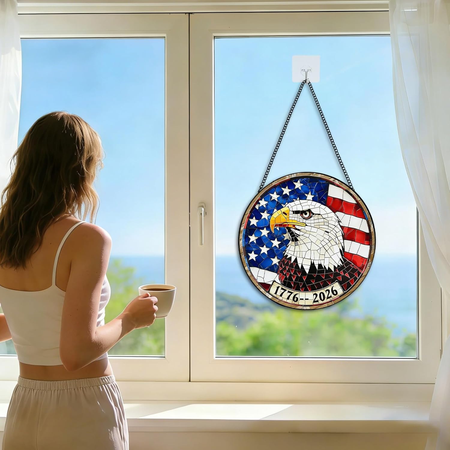 Stained Glass Window Hanging USA Eagle with Flag, Sun Catcher Patriotic Eagle, Stained Glass Ornament kit for Home, Garden, Door, Window Decor, Gifts for mom, Women, Grandma, Wife, Family 7.8 in