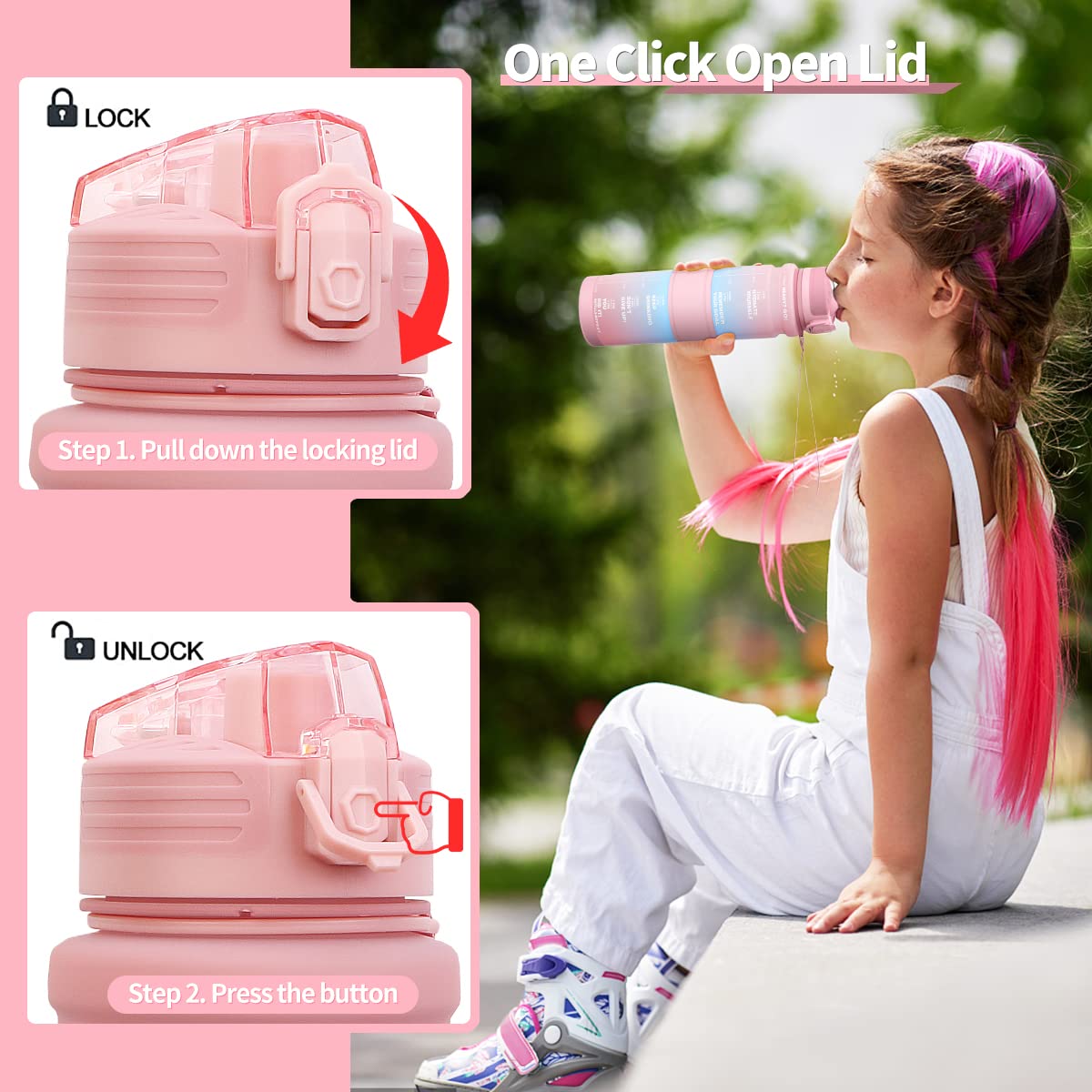 Borraccia 1 litro/500ml, Bottiglia d'acqua Motivazionale con Segni di Tempo, Borraccia Palestra A Prova di Perdita senza BPA Plastica per Bambini, Scuola, Ciclismo Sportiva, Sport