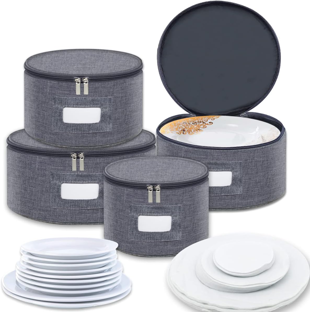 China Storage Containers, 4-Piece Storage for China Plates Dish Dinnerware Storage Containers Service for 12, Protecting Saucers, Dinner and Salad Plates (Grey)