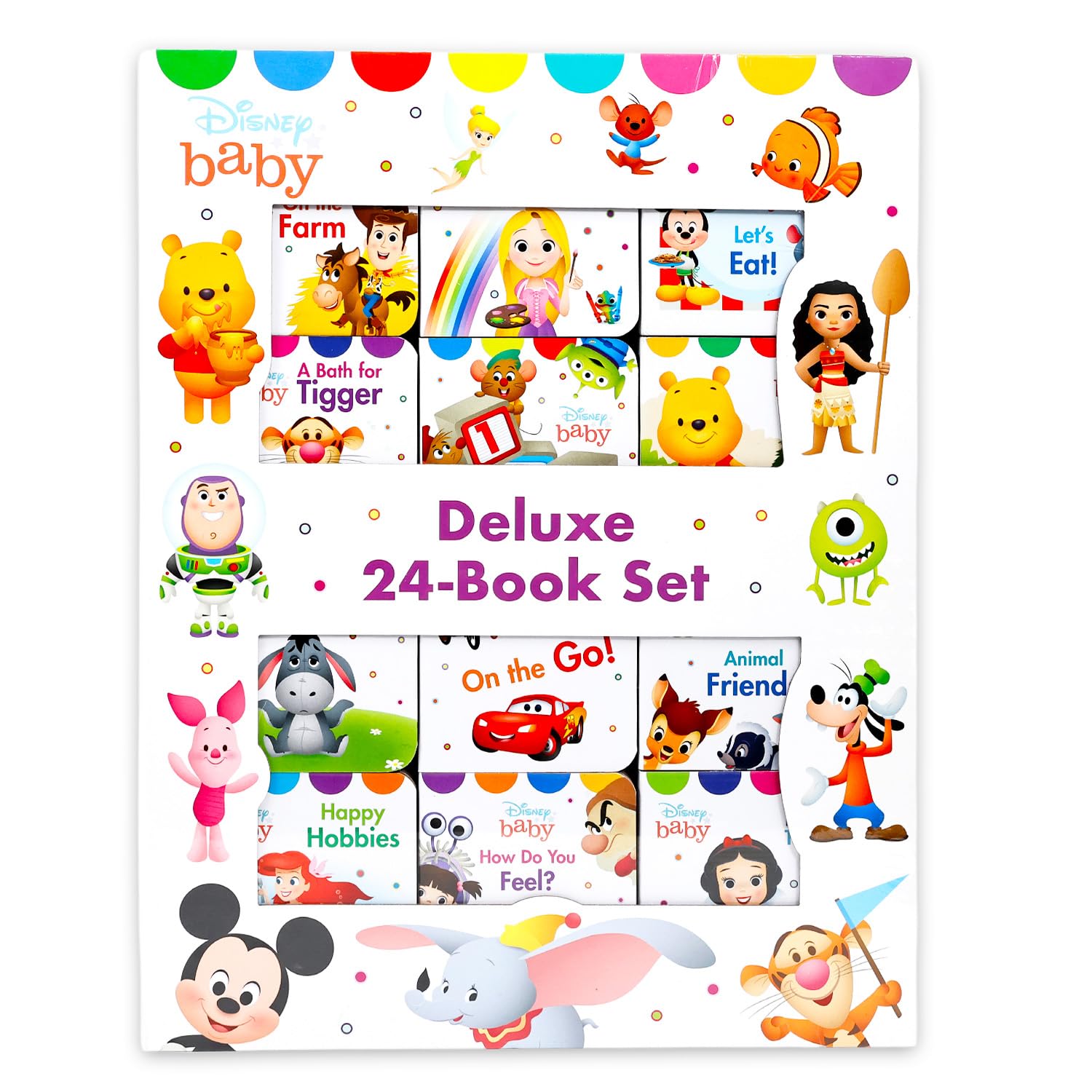 Disney Juego de 24 libros de lujo para bebés – El paquete de aprendizaje temprano para bebés incluye 24 libros Disney Baby Board, calcomanías, más | Libros de lectura de aprendizaje temprano