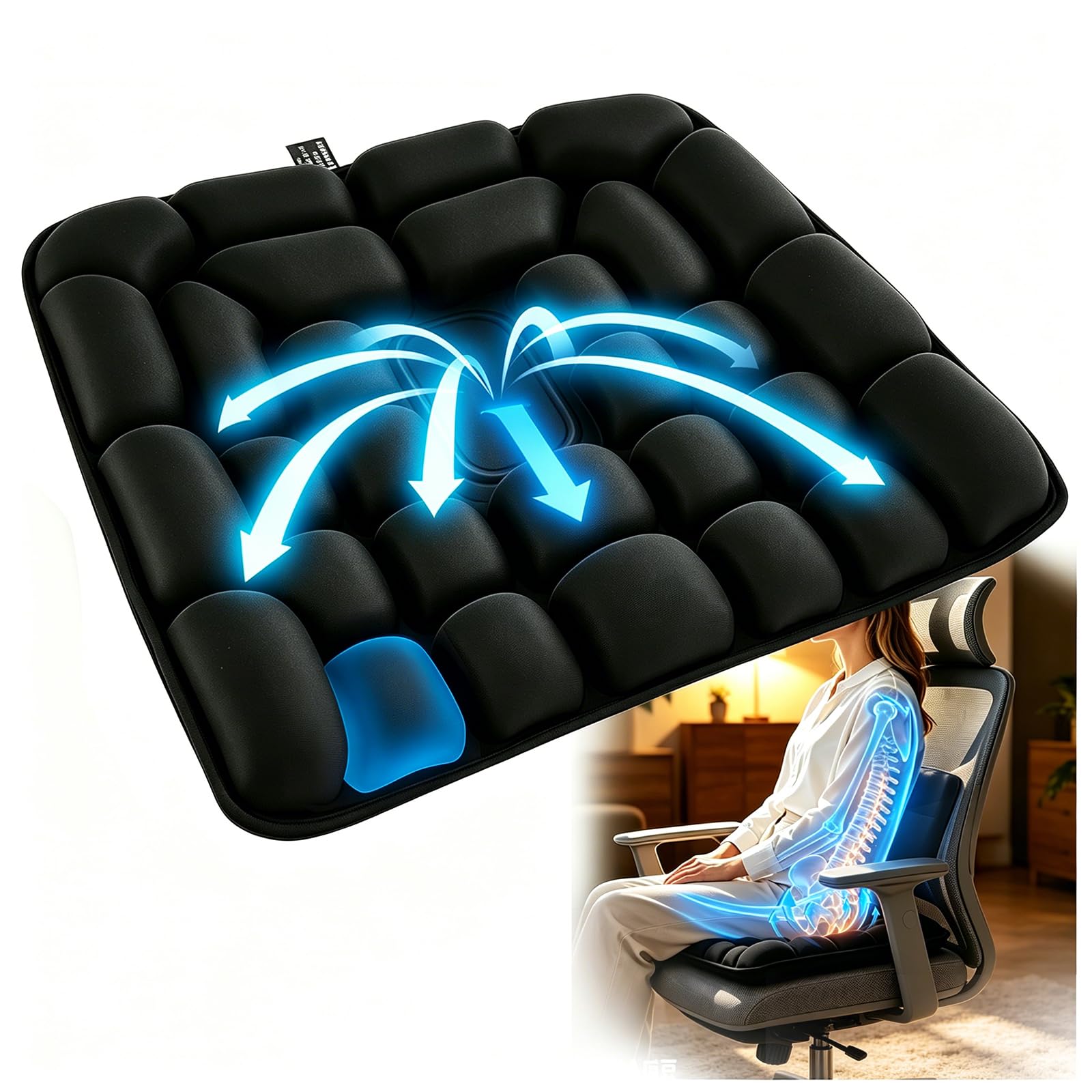 3D Coussin Antiescarres Gonflable – Coussin Coccyx Ergonomique pour Soulager Douleurs Dorsales & Hémorroïdes – Siège Auto Gonflable pour Bureau, Fauteuil Roulant, Voyage – Noir (45x40cm)