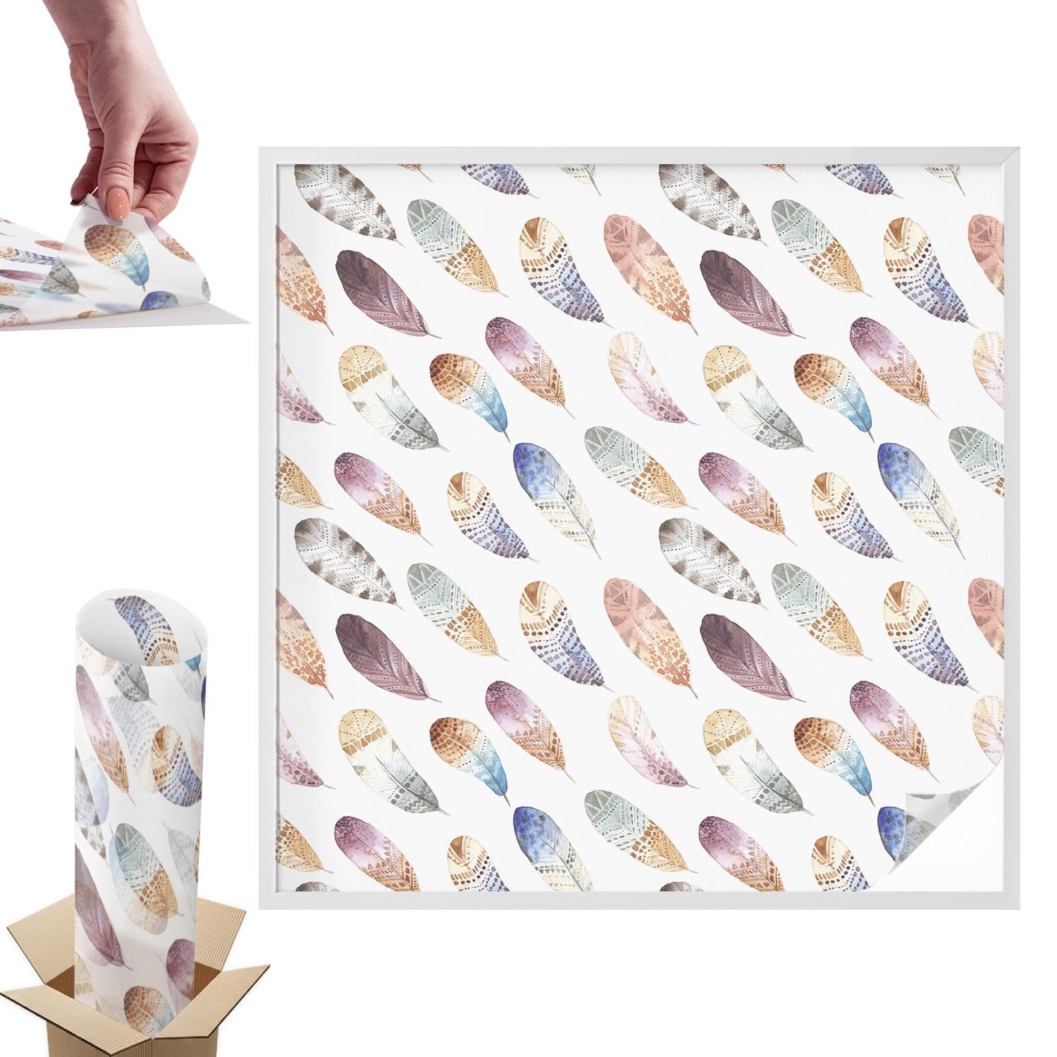Film pour vitre intimité 100x100 cm en PVC adhésif effet vitrail plumes bohèmes