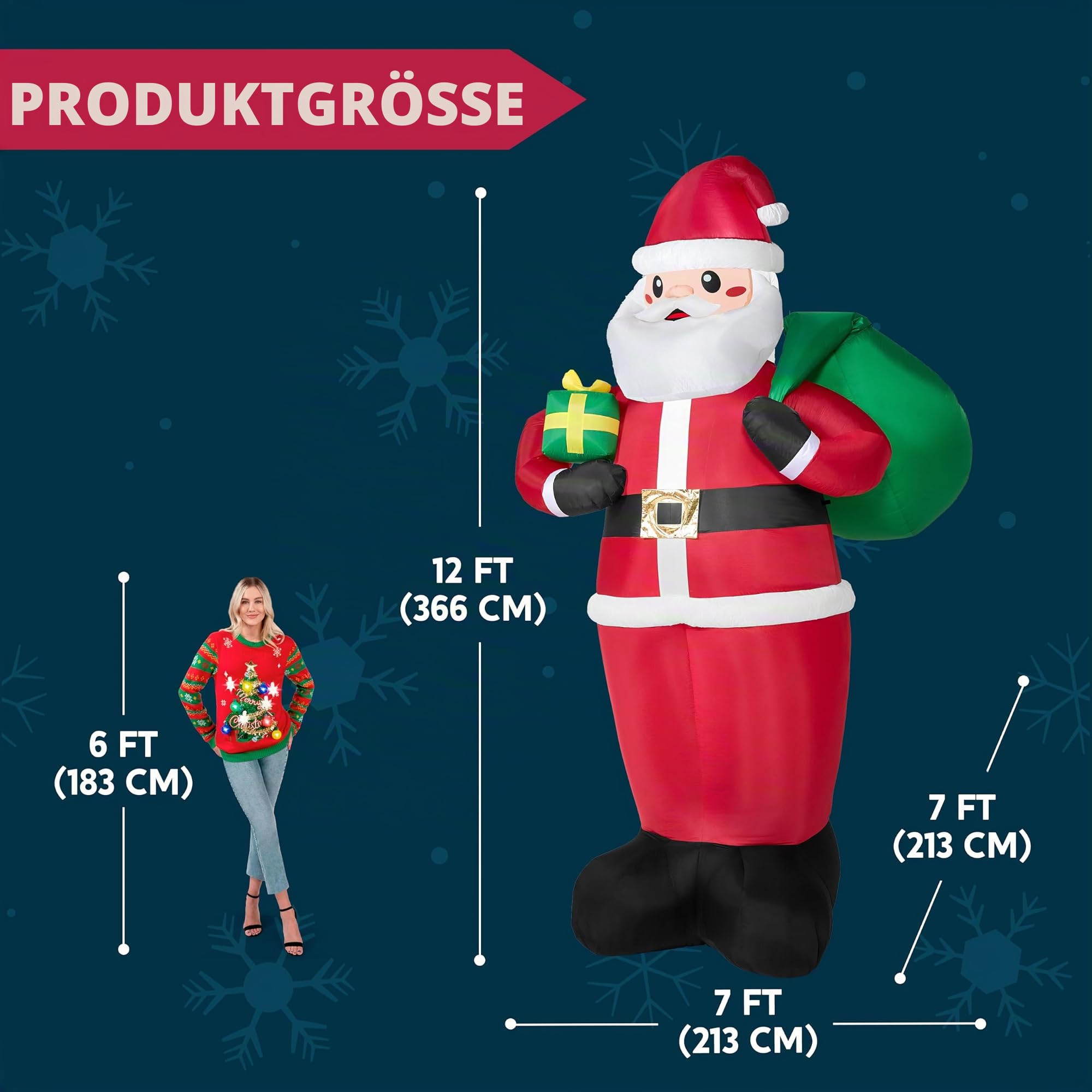 JOIEDOMI 3.65M/12FT hoher riesiger aufblasbarer Weihnachtsweihnachtsmann mit Geschenken, Weihnachtsdekoration mit eingebauten LEDs für Weihnachtsdekorationen im Freien, Hof, Innen- und Außenbereich