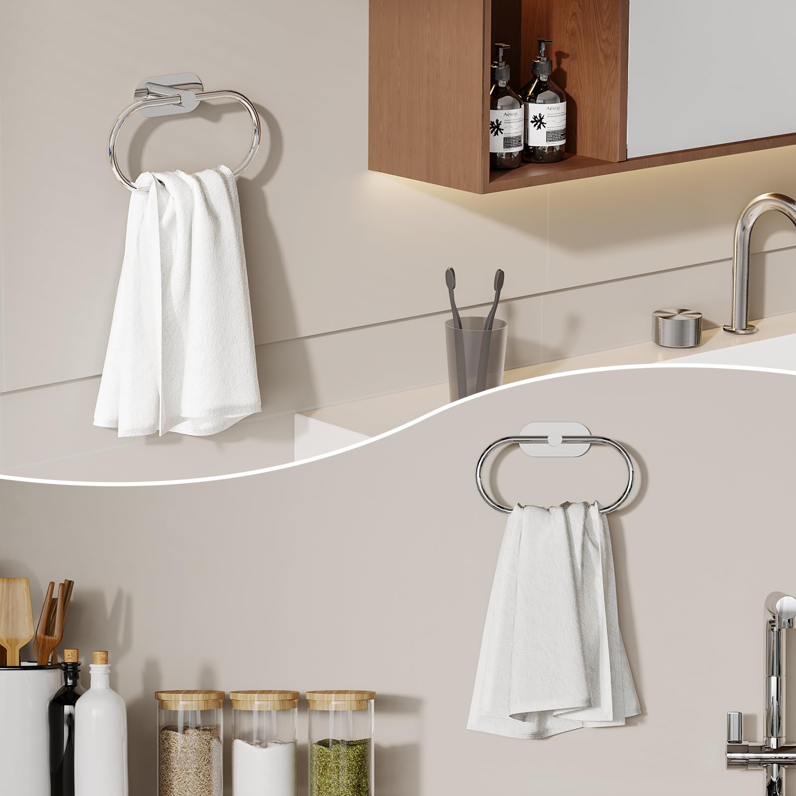 Toallero, soporte para toallas de mano de acero inoxidable para baño, autoadhesivo, colgador de toallas resistente para cocina, baño, caravana (cromo)