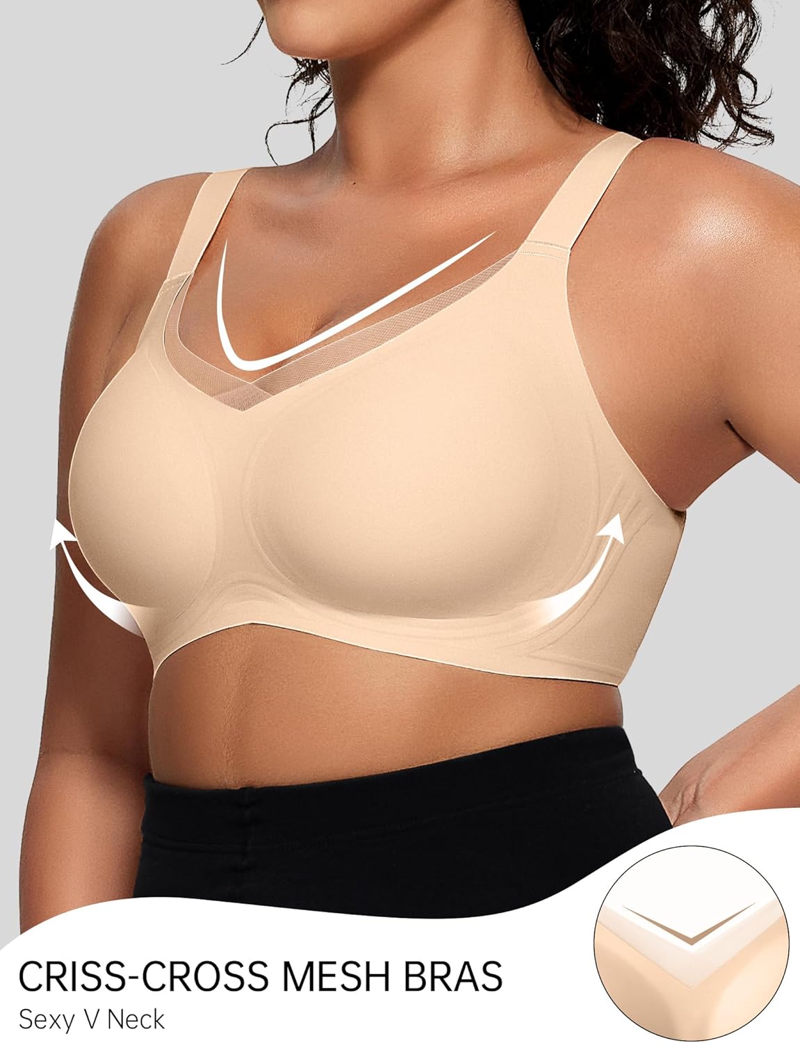 OEAK Womens Wireless Bras V Mesh Comfortable Bralette Supportive Tshirt Bra No Underwire Seamless Push Up Everyday Bras - Image 2