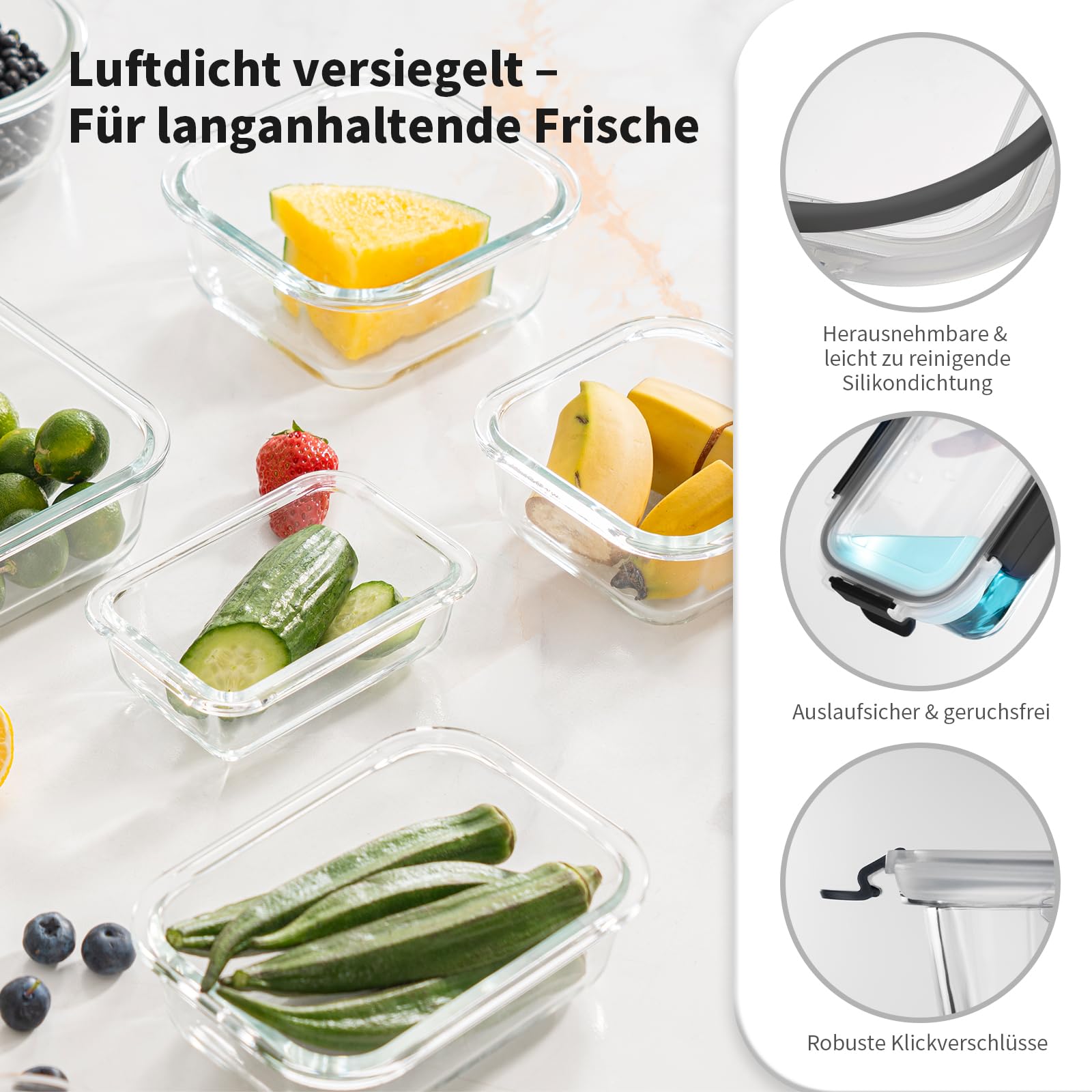 Meal Prep - Juego de 15 recipientes de cristal con tapa a prueba de fugas, para microondas, congelador y lavavajillas, color negro