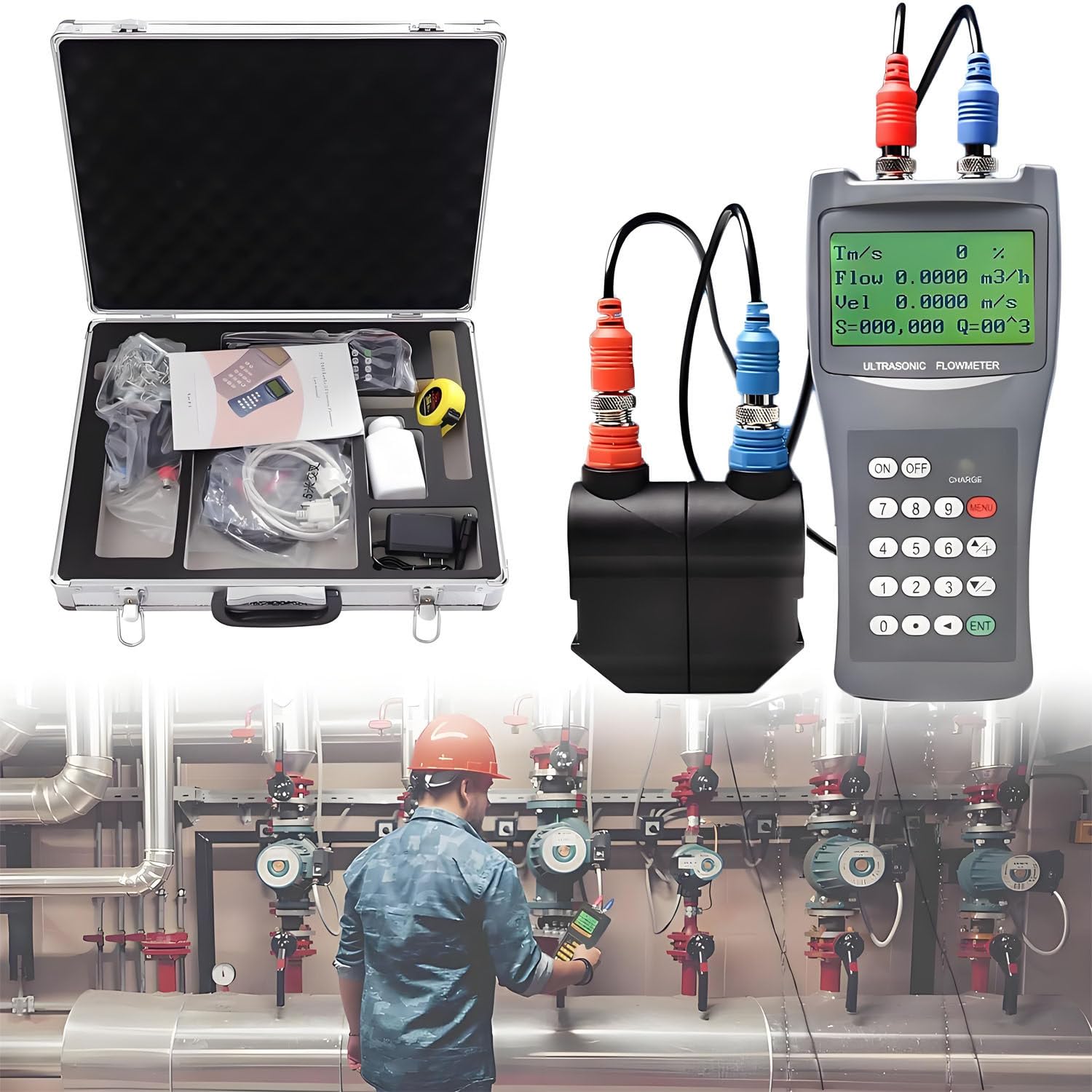 GLBMXDD Ultrasonic Flow Meter Kit, External Clamp Flow Meter For Pipeline Liquid,Digital Water Flow with Data Recorder, Standard Data Interface RS232, OCT Outputsmeter L1(DN300-6000)