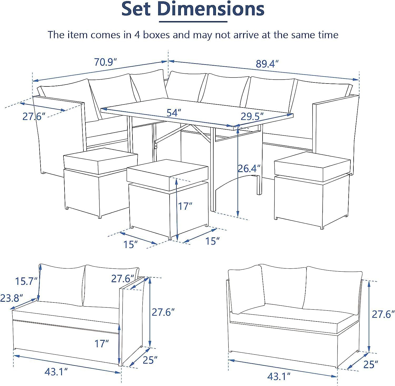 Diagram showing the dimensions of the AECOJOY patio furniture set, including the sectional sofa, dining table, and ottomans.
