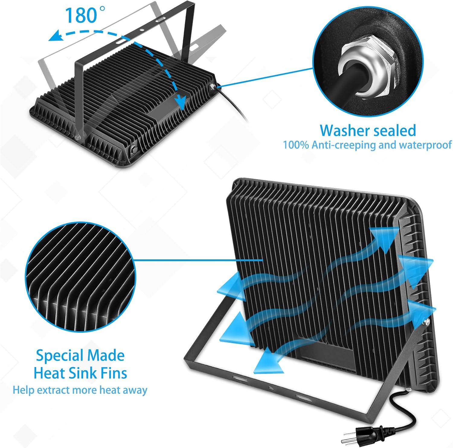 300W LED Flood Light Outdoor,2000W Equivalent 5000K Daylight White Super Bright FloodLight with Plug,43500LM IP66 Waterproof Commercial Lighting for Sports Fields,Counts,Arena,Stadium