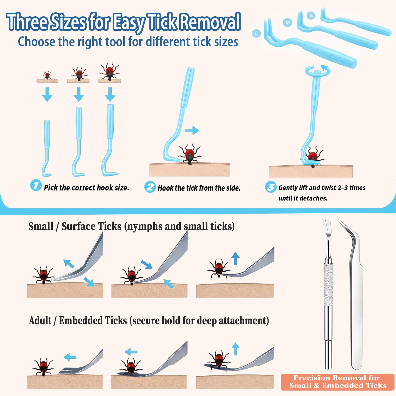 Premium Tick Remover Kit for Dogs Cats and Humans, 54-in-1 Tick Removal Tool Set with Stainless Steel Tweezers Hooks Comb and Puller, Portable Hiking Essentials with Water Resistant First Aid Case - image 3