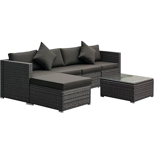Outsunny 6 Piece Patio Furniture Set Outdoor Wicker Conversation Set All Weather PE Rattan Sectional Sofa Set with Ottoman, Cushions and Tempered Glass Table, Mixed Gray and Charcoal