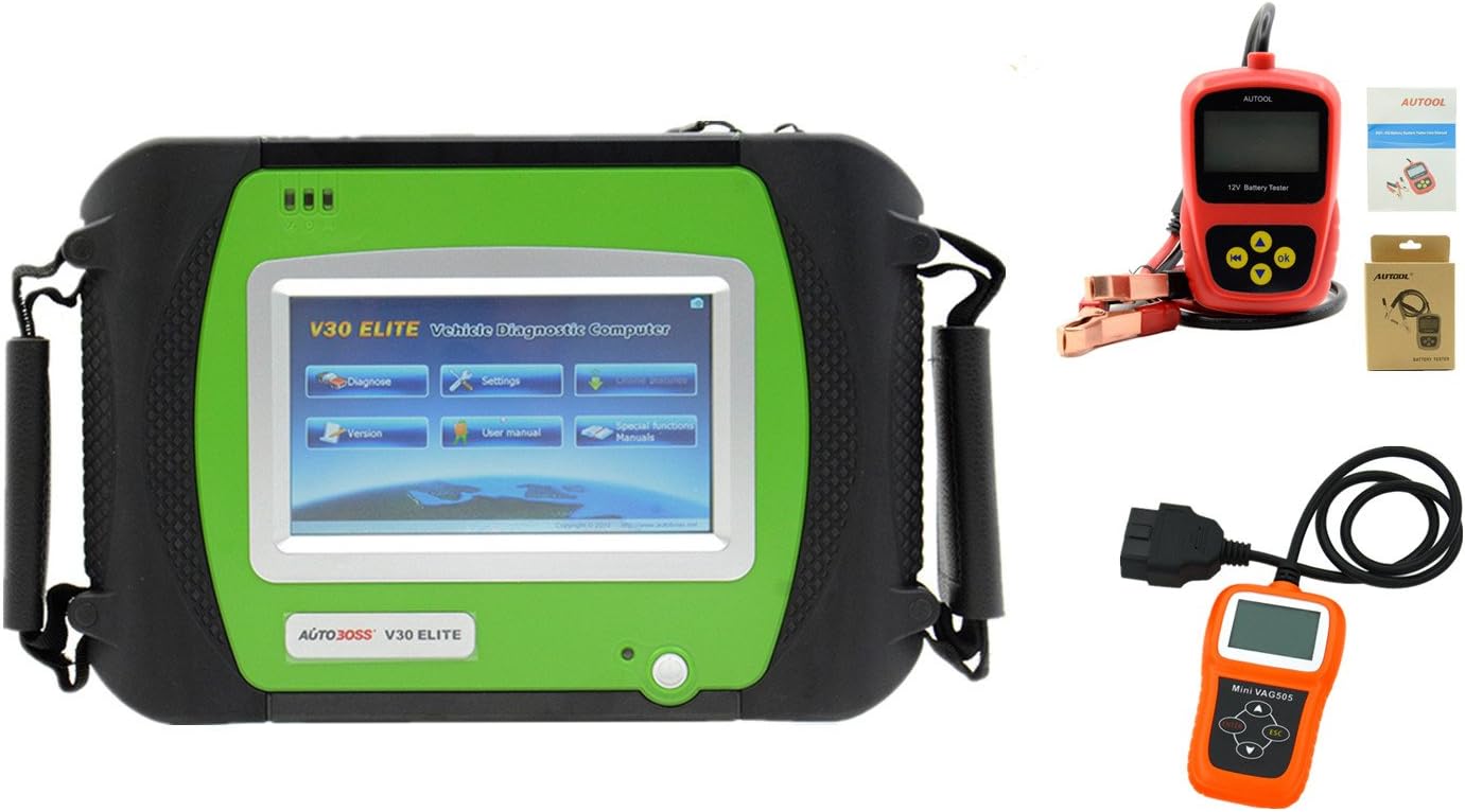 Spx Autoboss V30 Elite Super Scanner Auto Diagnostic Tools with Built-in Mini Printer + Vag505 mini + Autool Battery Tester BT100
