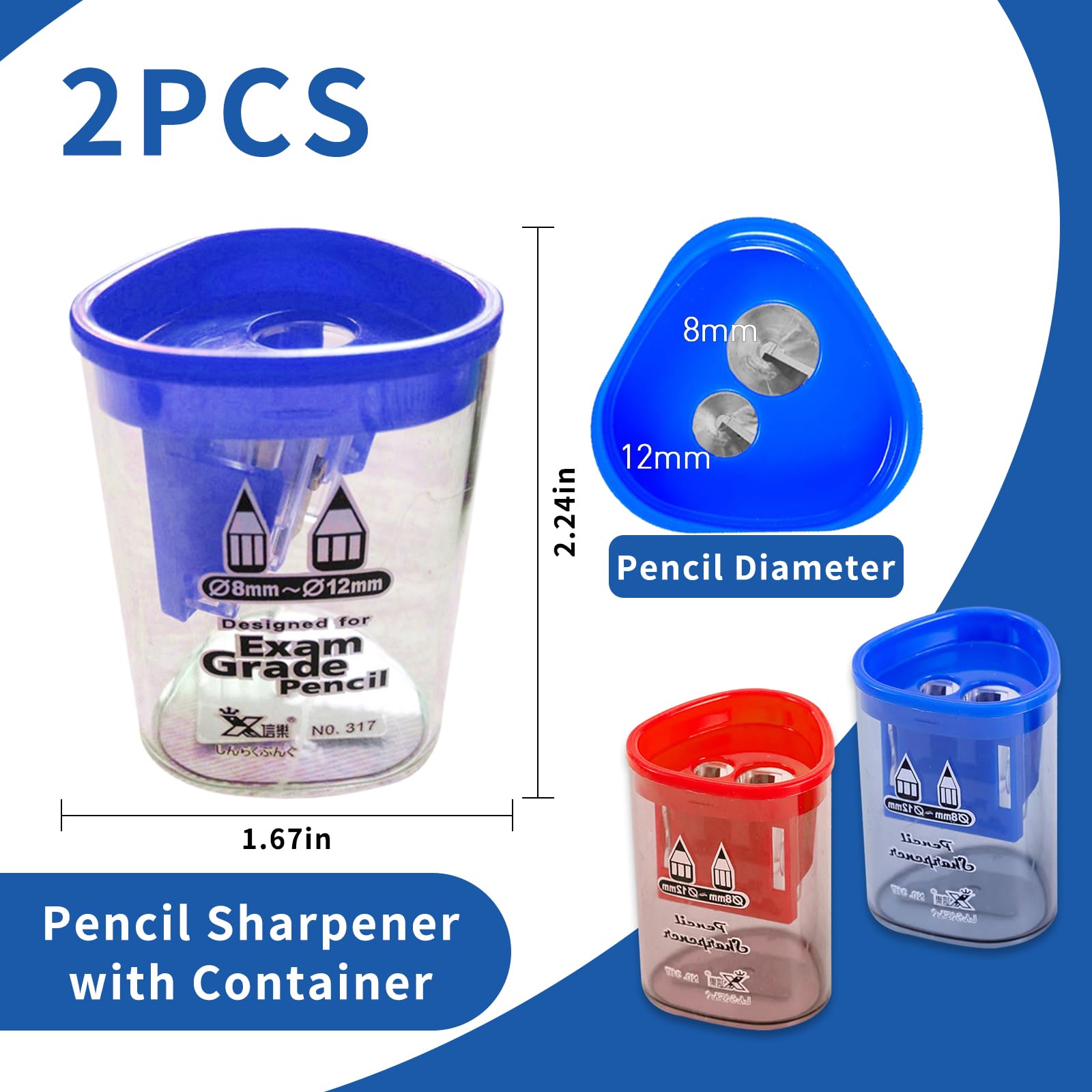 2 PCs Pencil Sharpener with Container,Dual Holes (8mm, 12mm) Pencil Sharpener for Kids,Adults,School - Image 2
