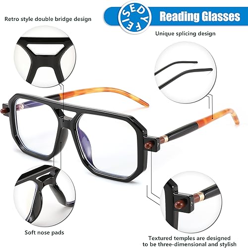 Miniatura 5 de FEISEDY Reading Glasses Vintage Square Blue Light Blocking Glasses Women Men 70s Flat Aviator Glasses B0090 Negro