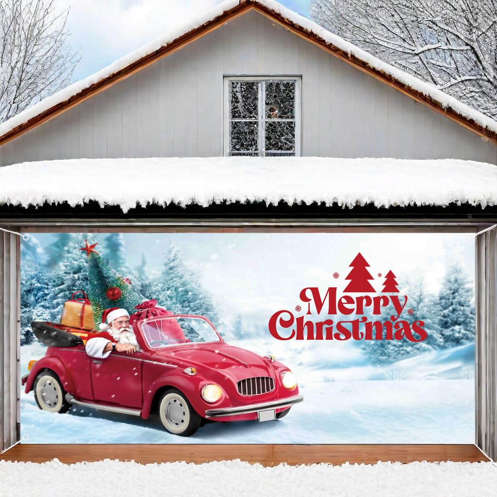Kovewon Christmas Garage Door Decorations Cover Xmas Holiday Garage Door Banner Red Truck Santa Christmas Backdrop for Photo, Party Christmas Wall Decorations Indoor Outdoor