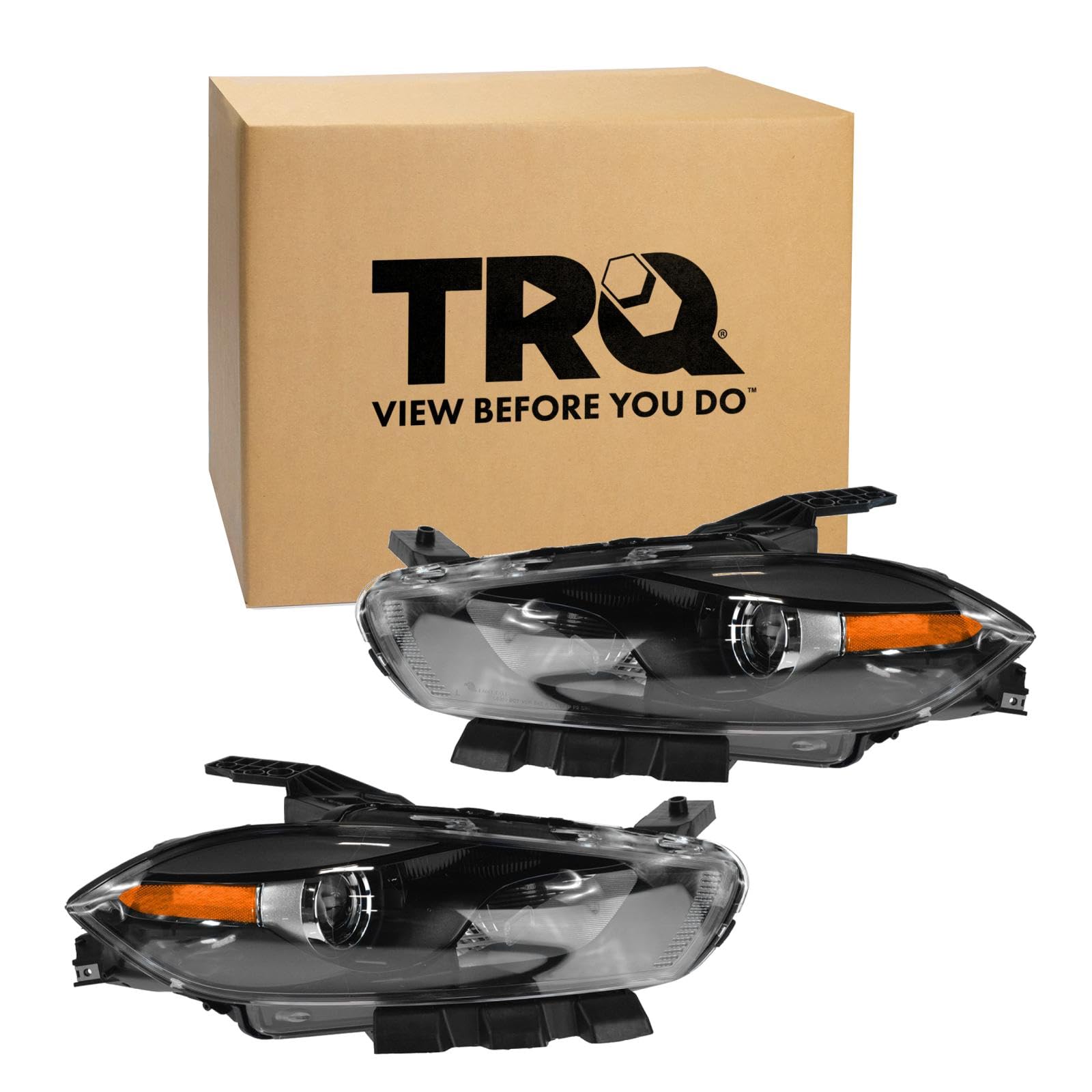 TRQ 2 Piece Headlight Assembly Set Black Bezel Driver &amp; Passenger Side Compatible with Dodge Dart 2013-2016 CH2518145 CH2519145 68292808AB 68292809AB