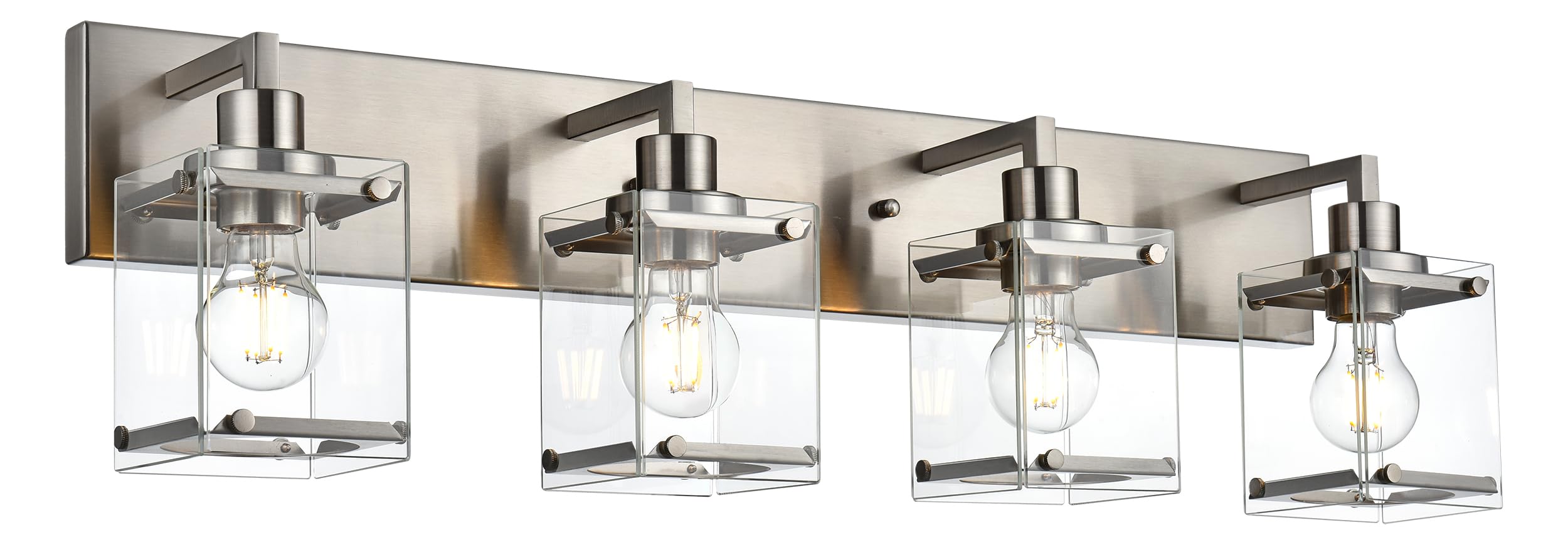 MELUCEE Bathroom Lighting Fixtures Over Mirror, 4-Light Modern Brushed Nickel Vanity Lights with Rectangular Clear Glass Shade, 31.3 Inches Indoor Wall Mount Light for Powder Room Kitchen Hallway
