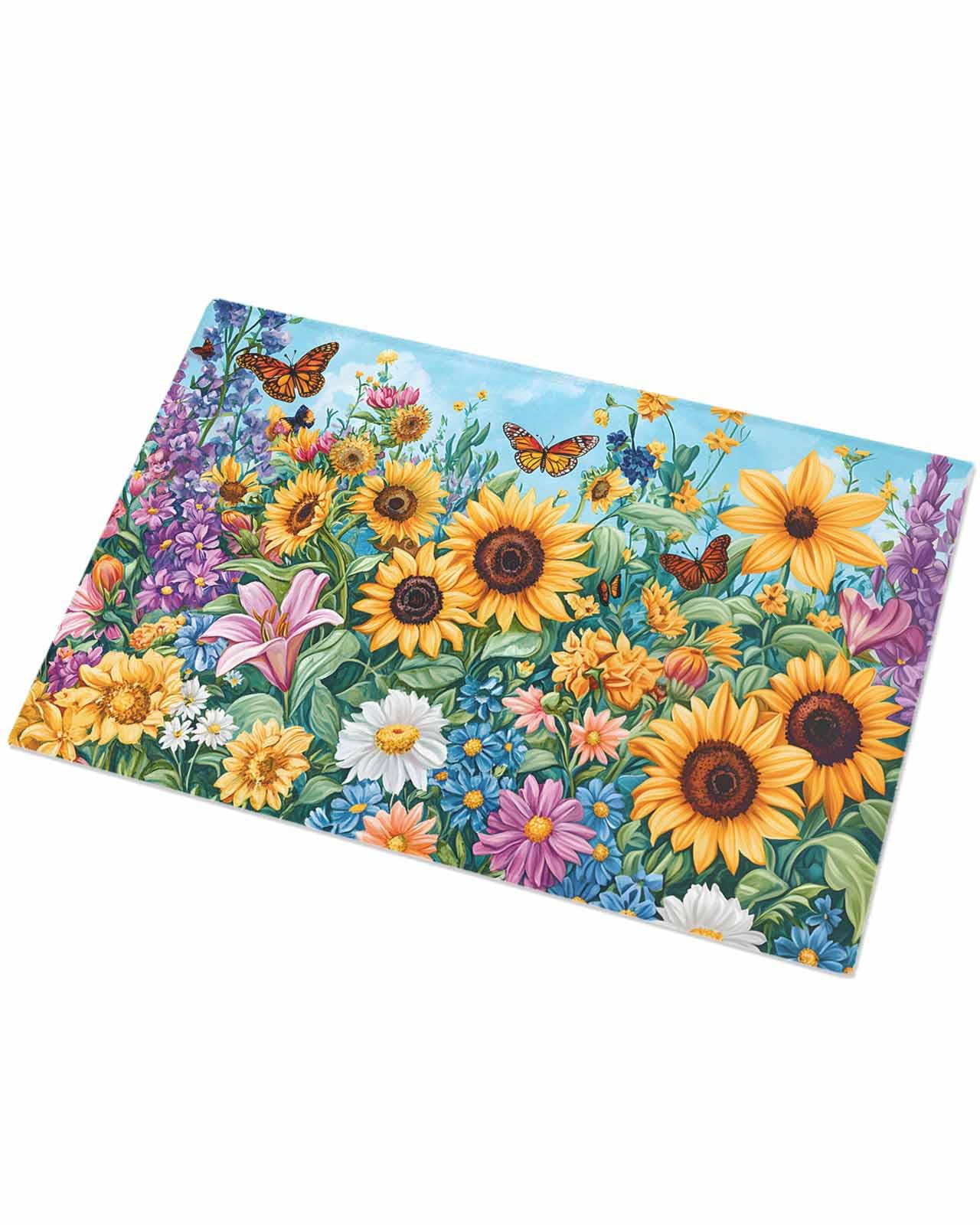 Indoor Doormat Spring Summer Sunflower Butterfly,Shaggy Floor Mat with Non-Skid Backing Watercolor Pastoral Wildflowers,Machine Washable Plush Area Rug Carpets for Kitchen Nursery Bedroom