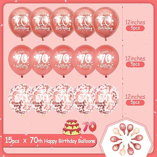 Miniatura 4 de Globos de látex para cumpleaños número 70, 15 globos de oro rosa con el texto en inglés "Happy 70th Birthday", globos de decoración de fiesta de