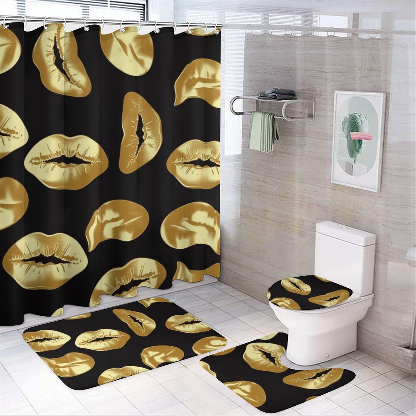 Rideau de douche Gold Lips et tapis assortis pour une salle de bain moderne et sécurisée