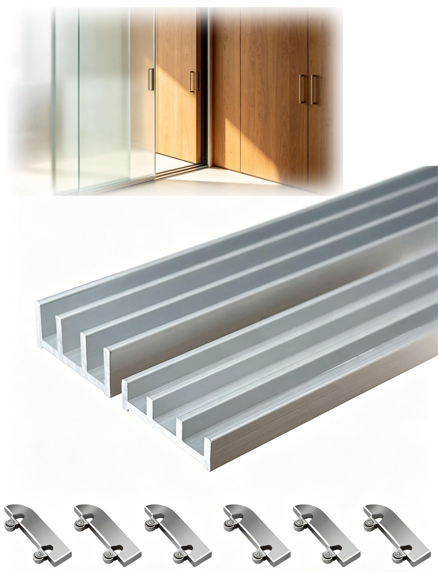 Triple Track Sliding Door Hardware Kit - Heavy Duty Aluminum Alloy for 3 Glass/Wood Doors 3-5mm, with 6 Rollers(150cm)