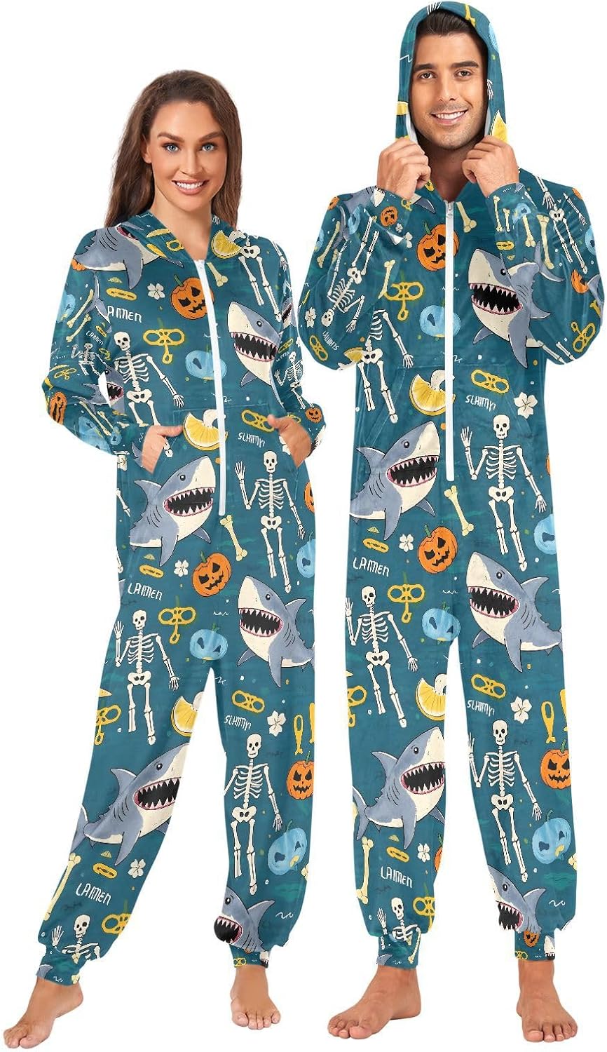 Shark Skeleton Nautical Coastal Adult Onesie Pajamas Novelty One Piece Costume Sleepwear Jumpsuits Matching PJS
