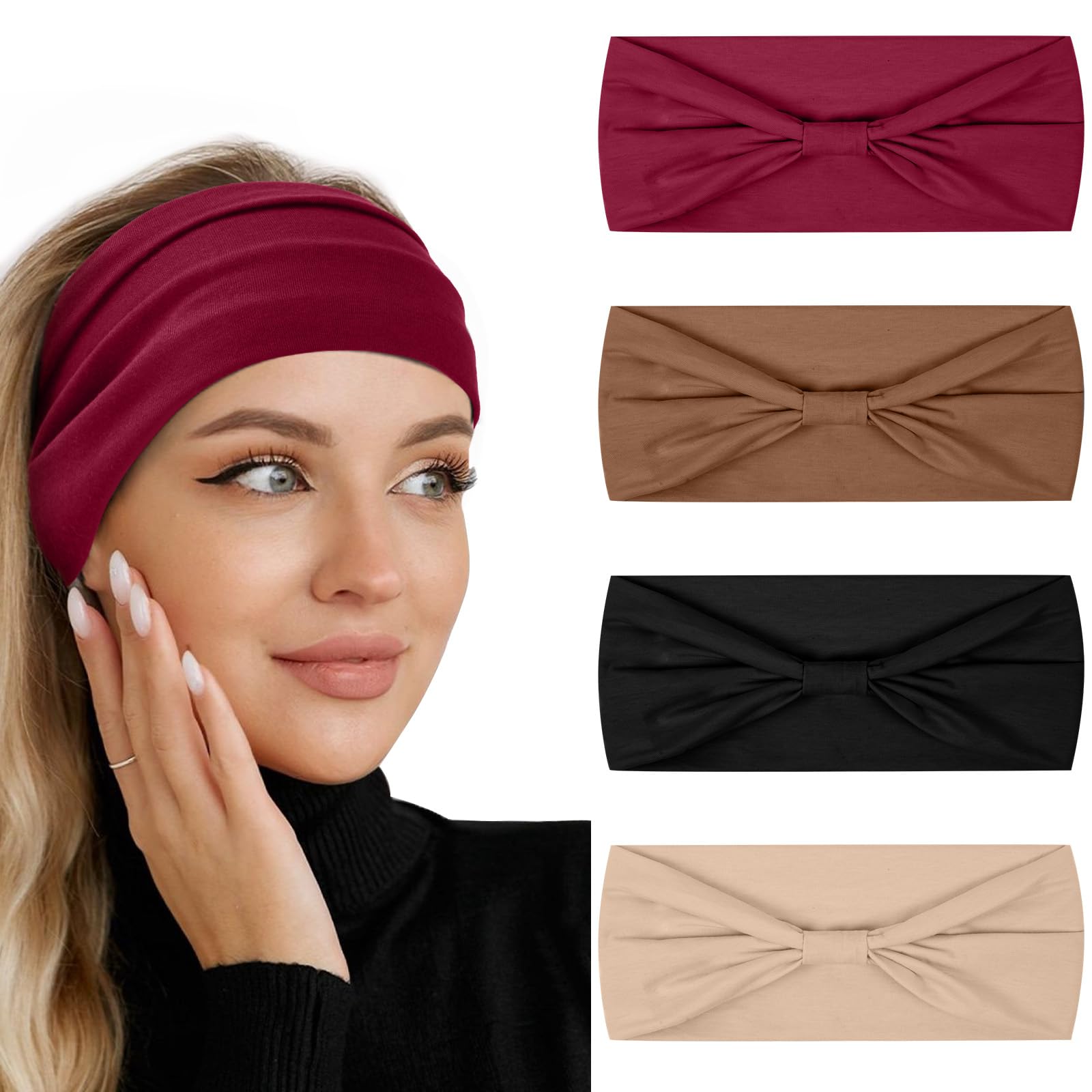 flintronic 4Pcs Women's Elastic Headbands, Wide Bow Hairband, Fashion Yoga Hair Bands, Wraps Bow-Knot Cute Hair Bands