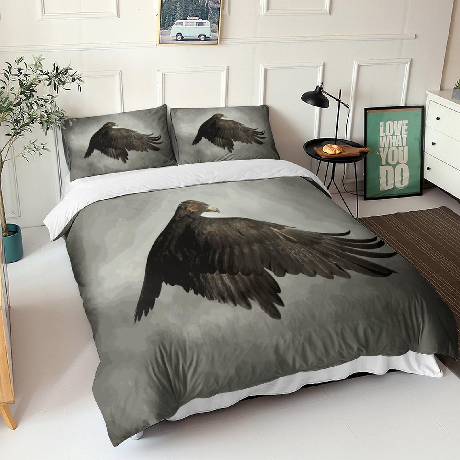 Housse de couette plumes d'aigle 220x240 parure de lit 3 pièces microfibre motif 3D enfants adultes