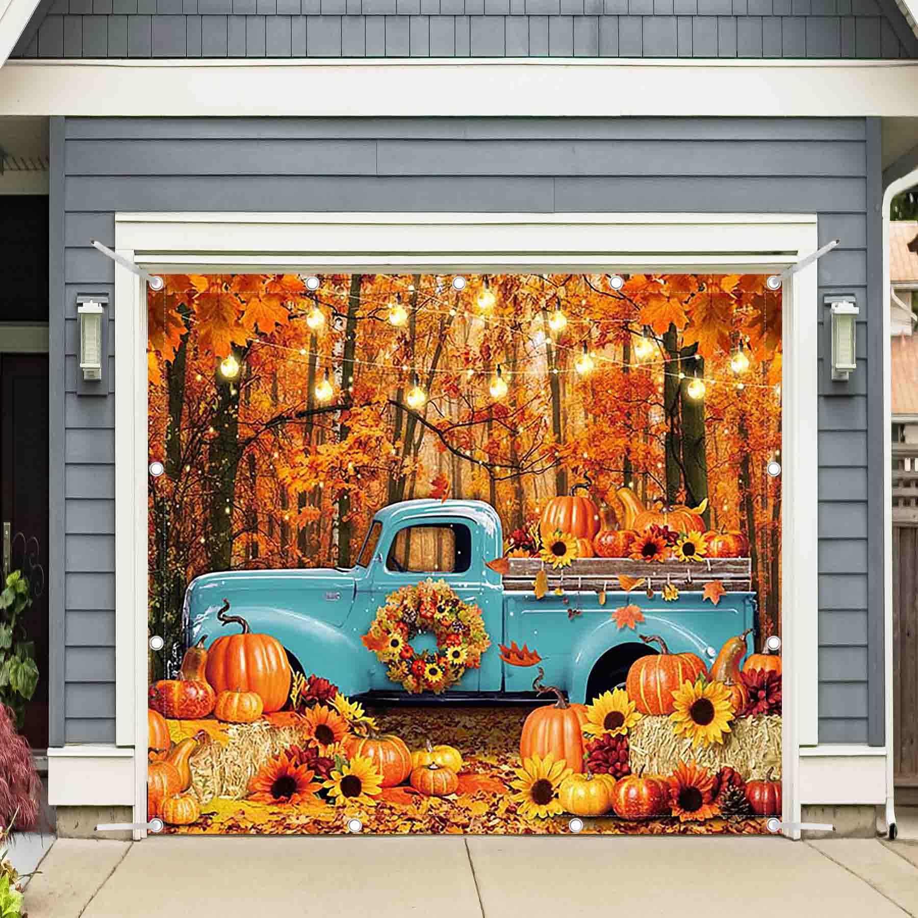 Luminora 1PC 8x7ft Fall Thanksgiving Forest Truck Garage Door Banner Decor Autumn Harvest Pumpkin Maple Leaves Sunflower Backdrop Cover Outdoor Party Supplies