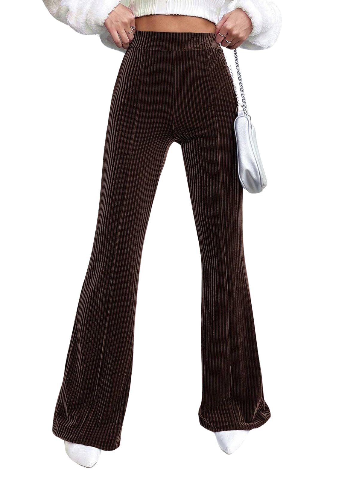 Womens Velvet High Waisted Flare Pants Elastic Wide Leg Bell Bottom Trousers