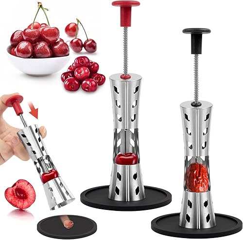 Paquete de 2 herramientas para remover descarillas de cerezas, acero inoxidable 304, removedor de semillas de cereza, prensa portátil, removedor de