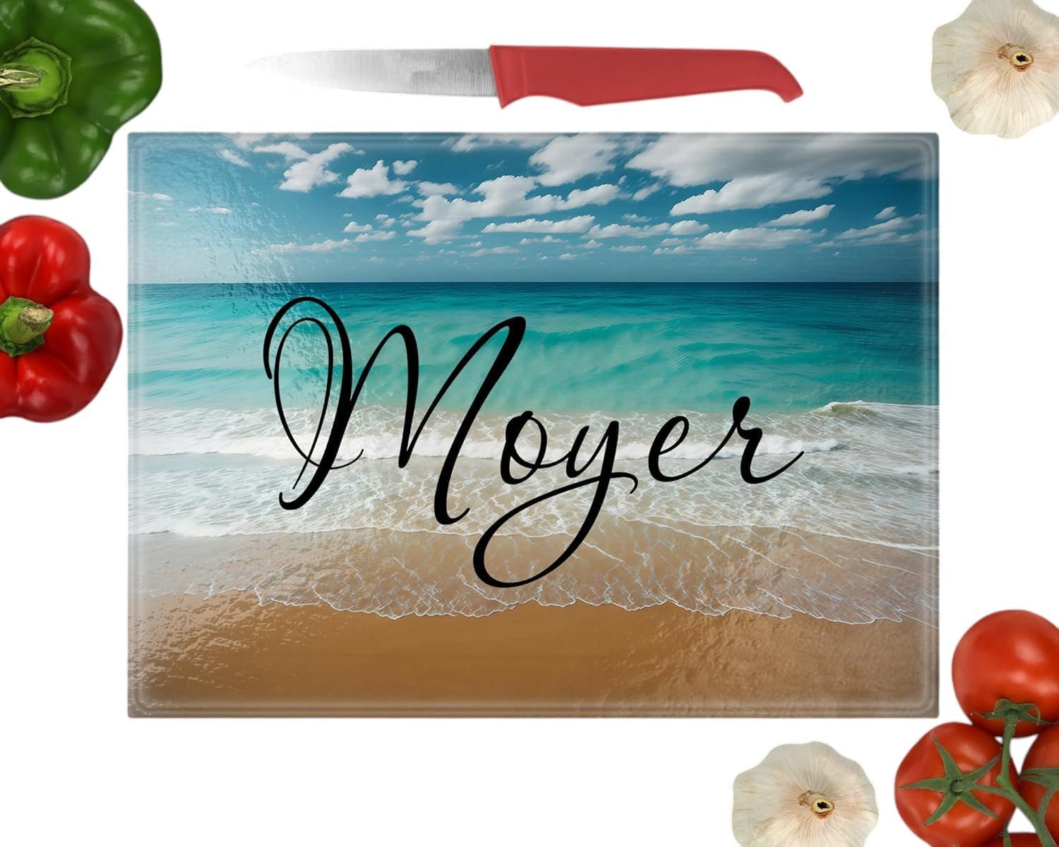 Personalized Beach Scene Glass Cutting Board