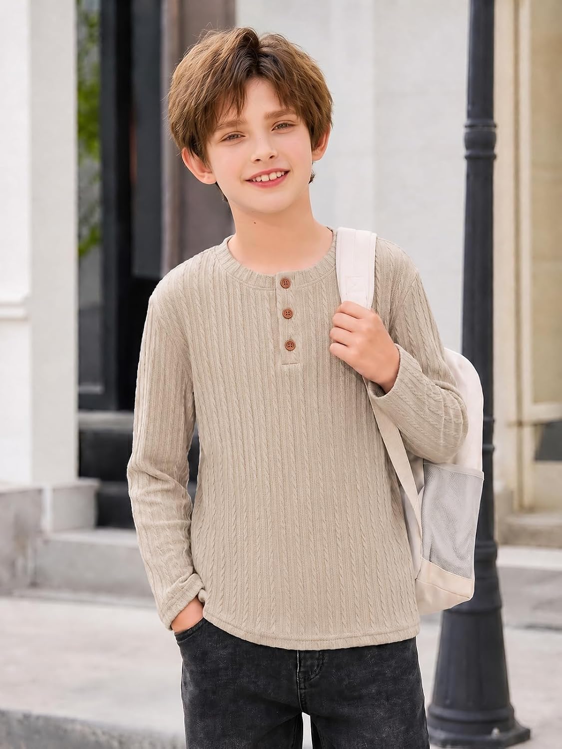 Haloumoning Boys Long Sleeve Henley Shirts Cable Knit Casual Tops Tees