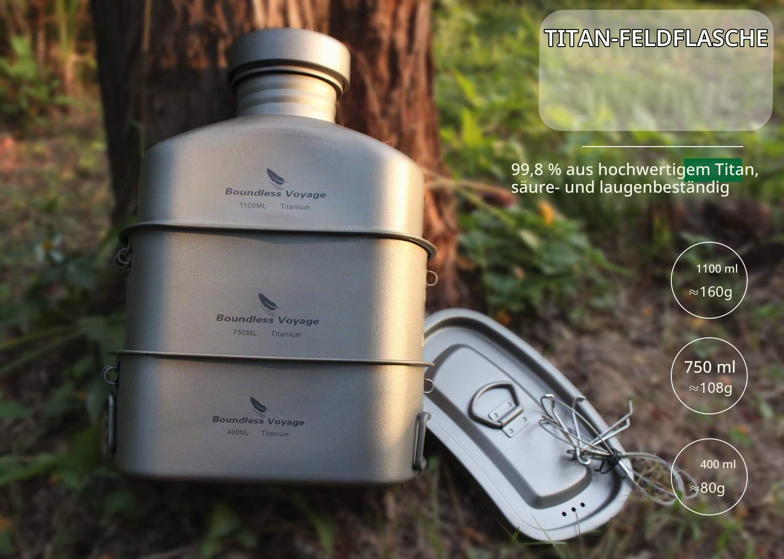 Boundless Voyage Titanium Military Canteen mit Tarnbeuteln Niereförmiges Camping Pot Pan Set mit großer Kapazität und Deckel und hängender Kette