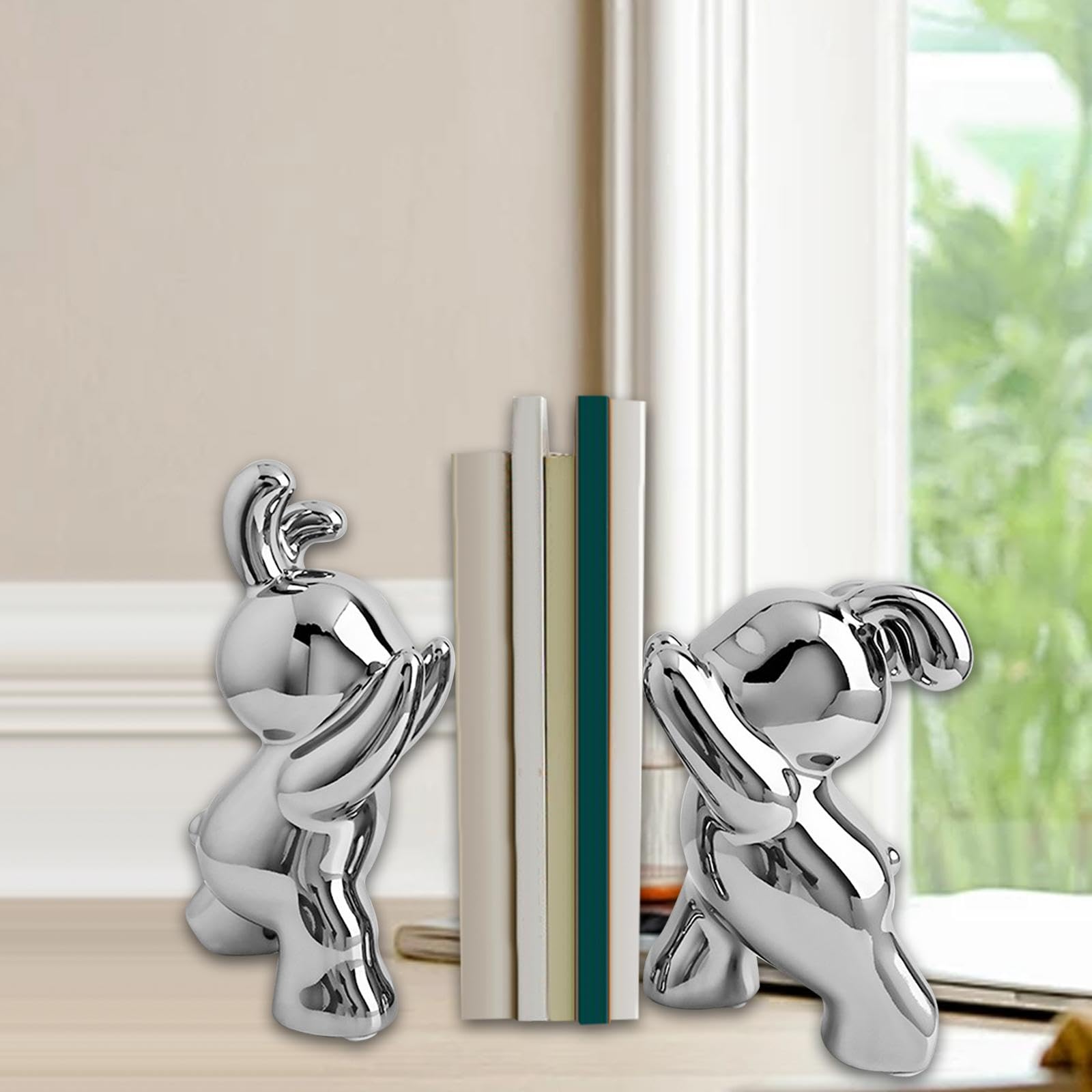 2 Stück Buchstützen Kaninchen Skulpturen Buchstopper Tierfiguren Kreative Regal Dekoration für Kinderzimmer Bibliothek Arbeitszimmer, Silber