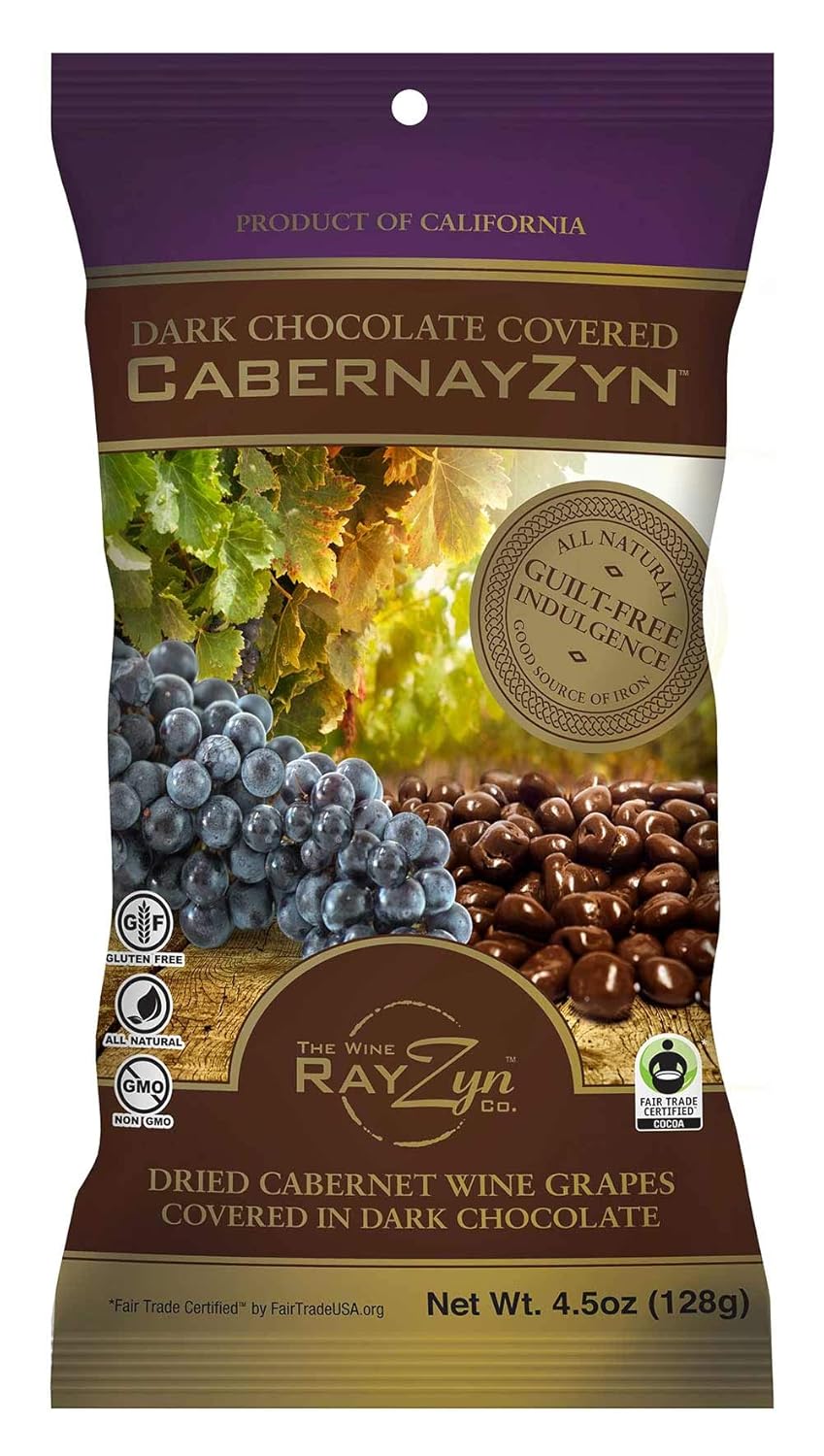 Wine RayZyn® - Chocolate Covered CabernayZyn® (8 Bags) – Hand Harvested Dried Cabernet Sauvignon Wine Raisins® from Napa Valley enrobed in premium gourmet dark chocolate – The Healthier Raisin with a Natural "Crunch" - Award Winning Heart Healthy Snack – Antioxidant-Rich Superfood
