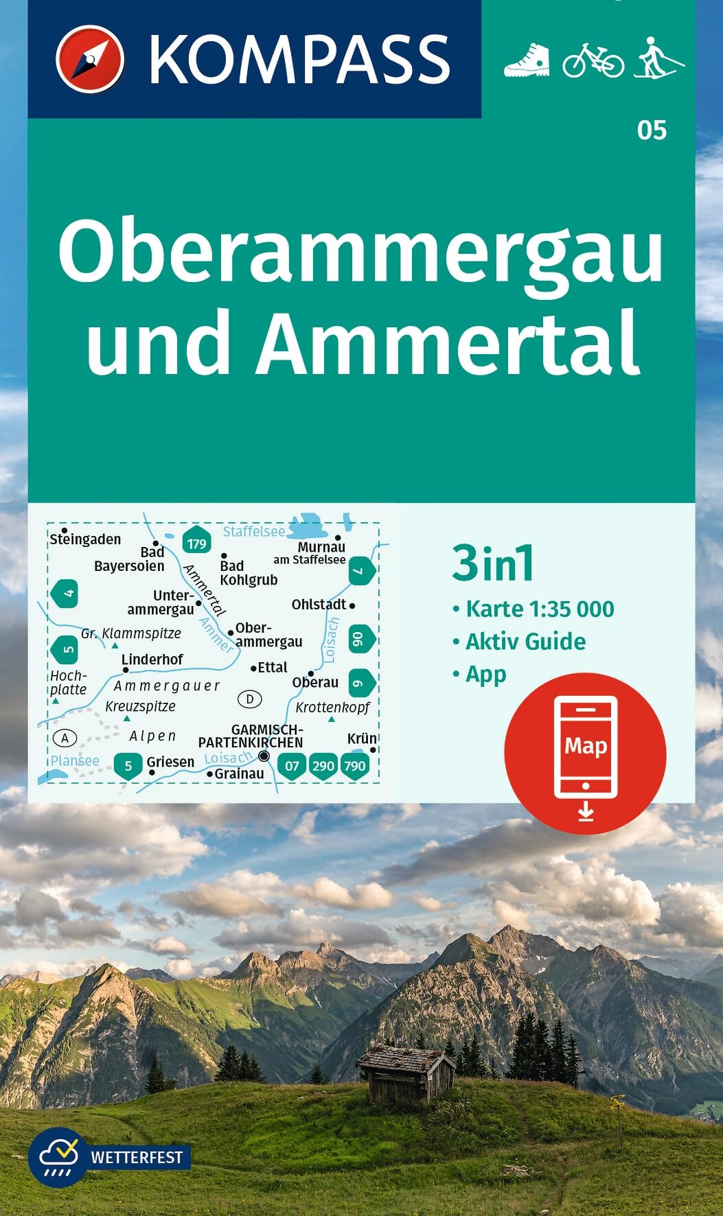 Oberammergau / Ammertal +AG (05): 3in1 Wanderkarte, mit Aktiv Guide inklusive Karte zur offline Verwendung in der KOMPASS-App. Fahrradfahren. Langlaufen.