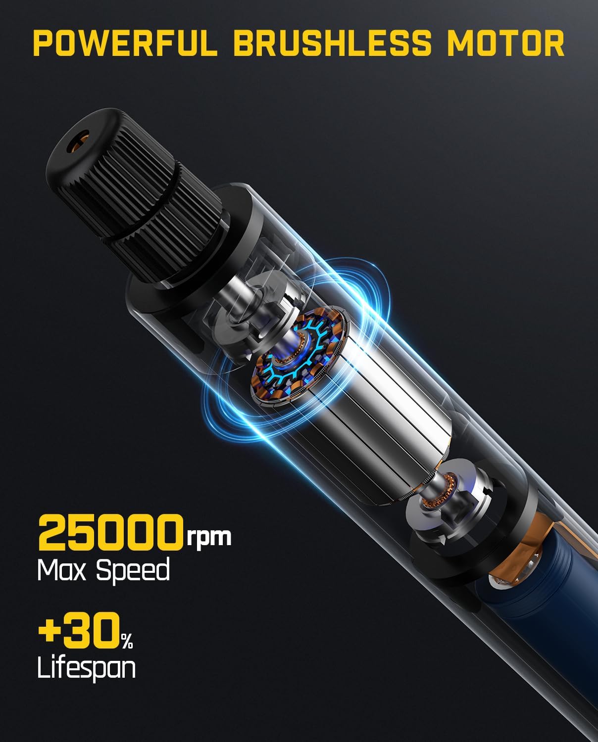 આંતરિક view of Fanttik F2 Master showing brushless motor and 25000 RPM max speed