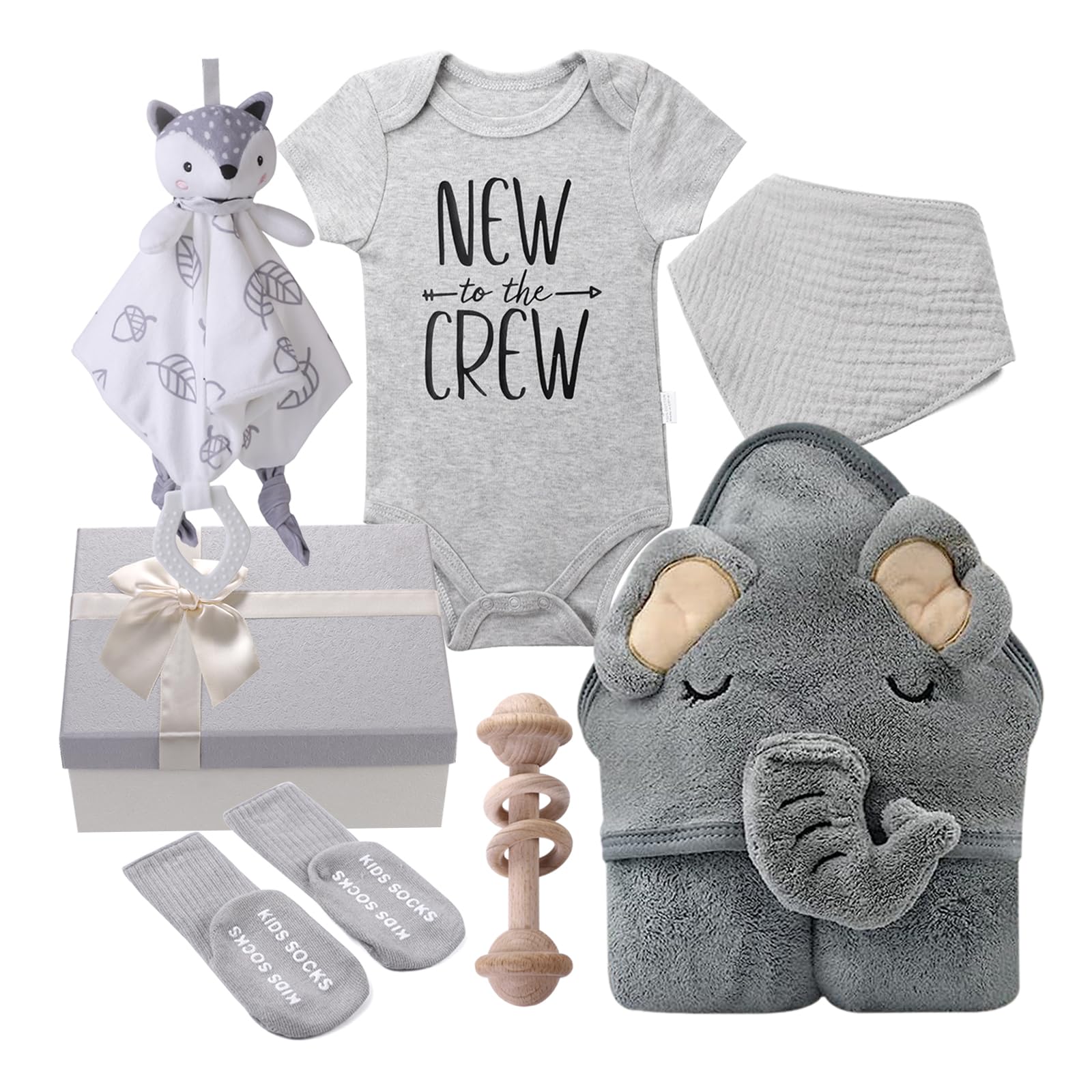 Baby Shower Gifts, Baby Boy Girl Gift Box Set Newborn Baby Blanket , Newborn Lovey Security Blanket, Baby Wooden Rattle Toy, New Born clothes Bibs Socks