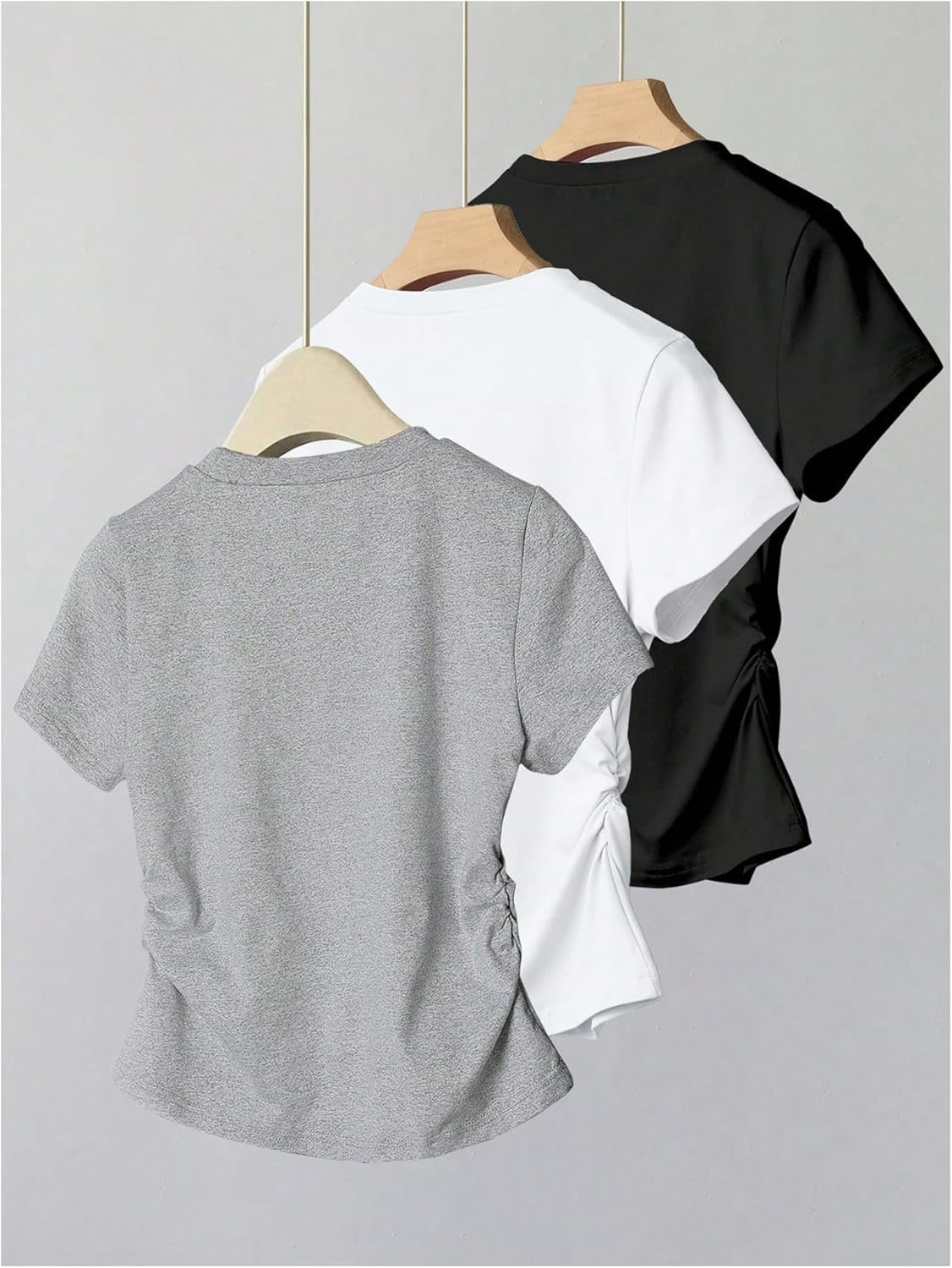SHENHE Women's 3 Pack Short Sleeve Crew Neck T Shirts Ruched Slim Fitted Basic Tees Tops - Image 2