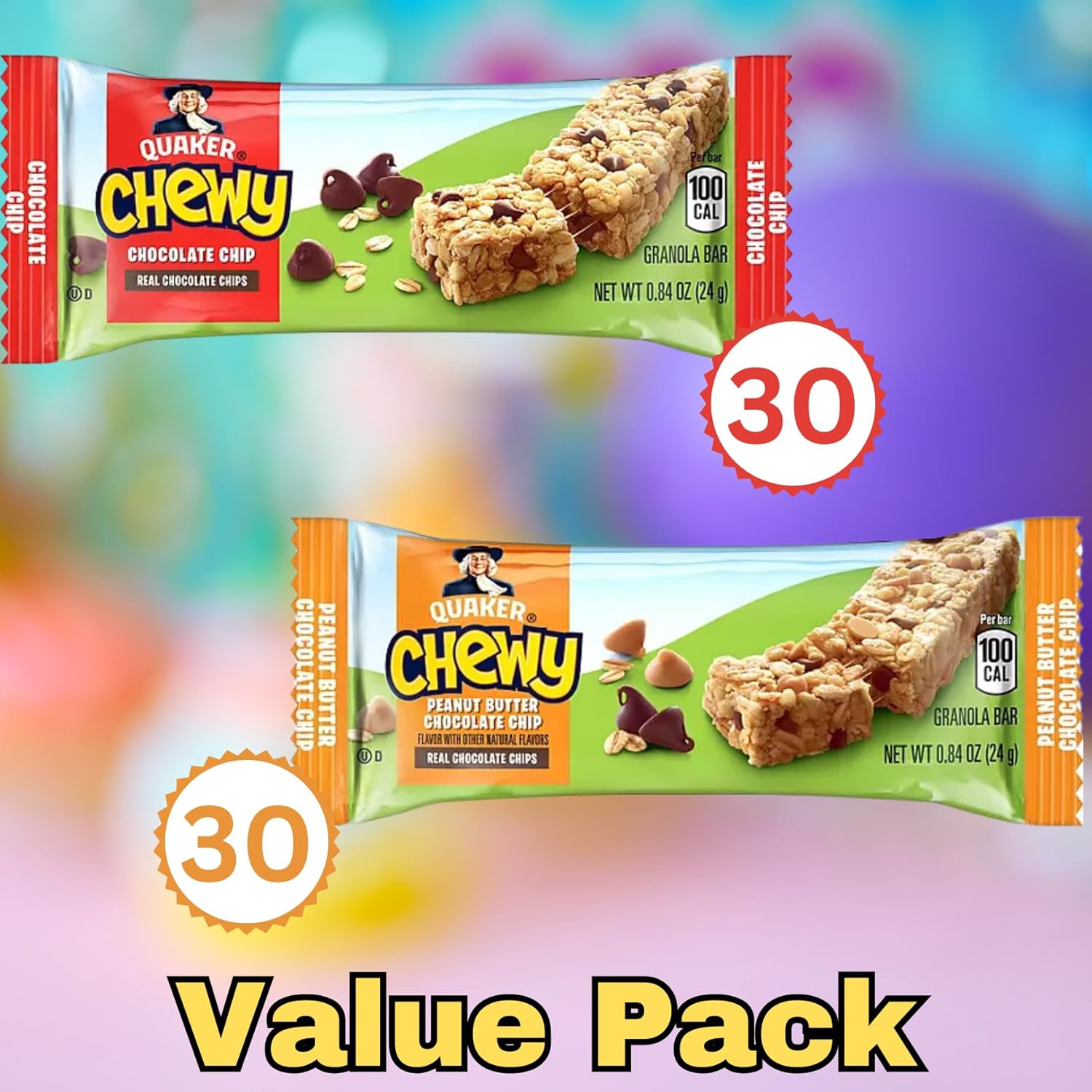 Quaker Chewy Variety Pack, Chocolate Chip & Peanut Butter Chocolate Chip, 60-Count (Pack of 1) - Granola Bars, Bulk Healthy Snack for Adults (Includes Al Khair Trademark Keychain)