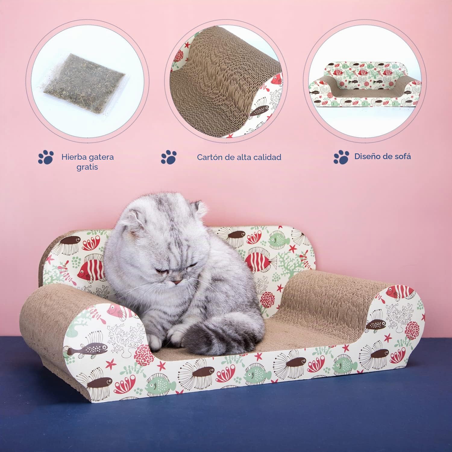 Nobleza - Rascador para Gatos, Cartón Ondulado Resistente, Doble Cara, Reciclable con Hierba Gatera, 54*26*20cm, Sofá Rascador para Gatos de Interior