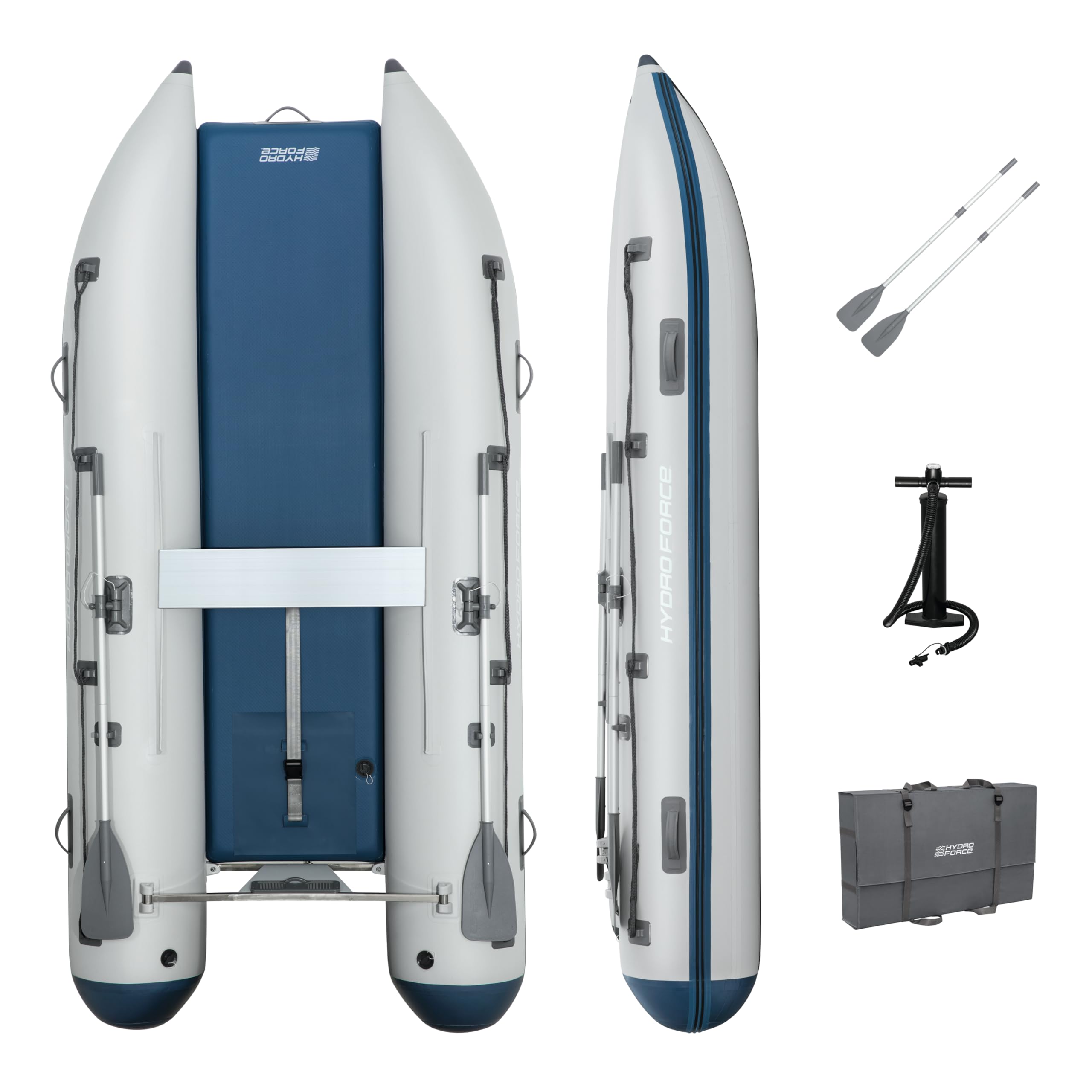 Bestway Hydro Force Sportboot Komplett-Set Beacon Elite, 335 x 160 x 47 cm, 5 Personen, bis 640 kg, TriTech-Material, Aluminium-Sitzbank, 15-PS-Motorhalterung, GS-Zertifiziert, Ruder, Pumpe, Tasche