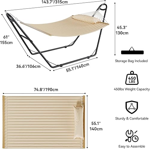 Miniatura 2 de YITAHOME Hamaca con soporte incluido, hamaca resistente, impermeable, portátil, con bolsas de almacenamiento de almohada, 450 libras para