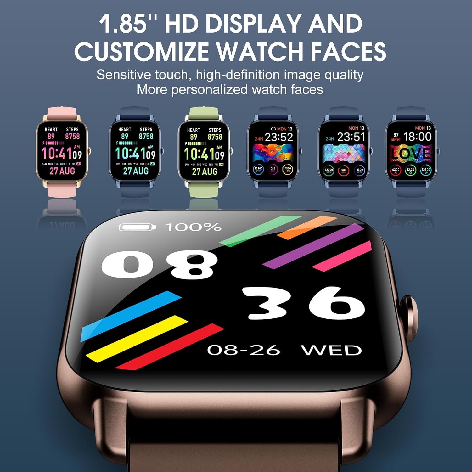 Smart Watch(Answer/Make Calls), 1.85'' HD Touch Screen Fitness Watch with Sleep Heart Rate Monitor, 112 Sports Modes, IP68 Waterproof, Activity Trackers Compatible with Android IOS for men women