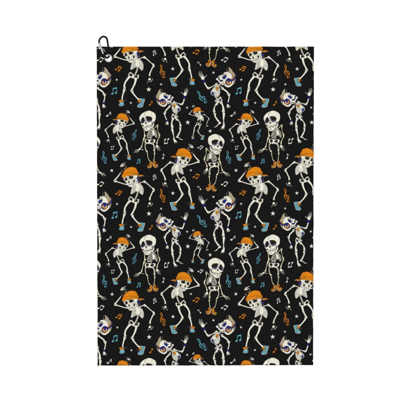 AOOEDM Dancing Skeleton Party Print Golf Towel with Carabiner Clip Absorbent Microfiber Golf Towel for Cleaning Golf Ball Club Putter Iron for Golf Bag Trolly Belt Loop 16" X 24"