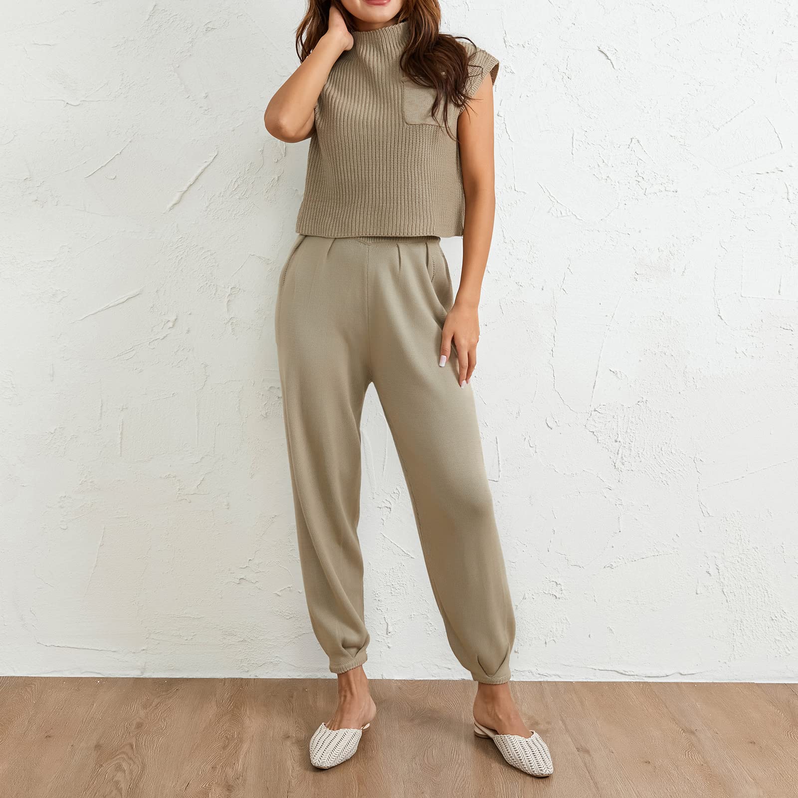 Women Summer 2 Pieces Outfits Ruched Strapless Wrap Chest Backless Tube Tops Wide-Leg Long Pants Set Sleeveless Tank Top+Flared Trousers Suit with Pockets