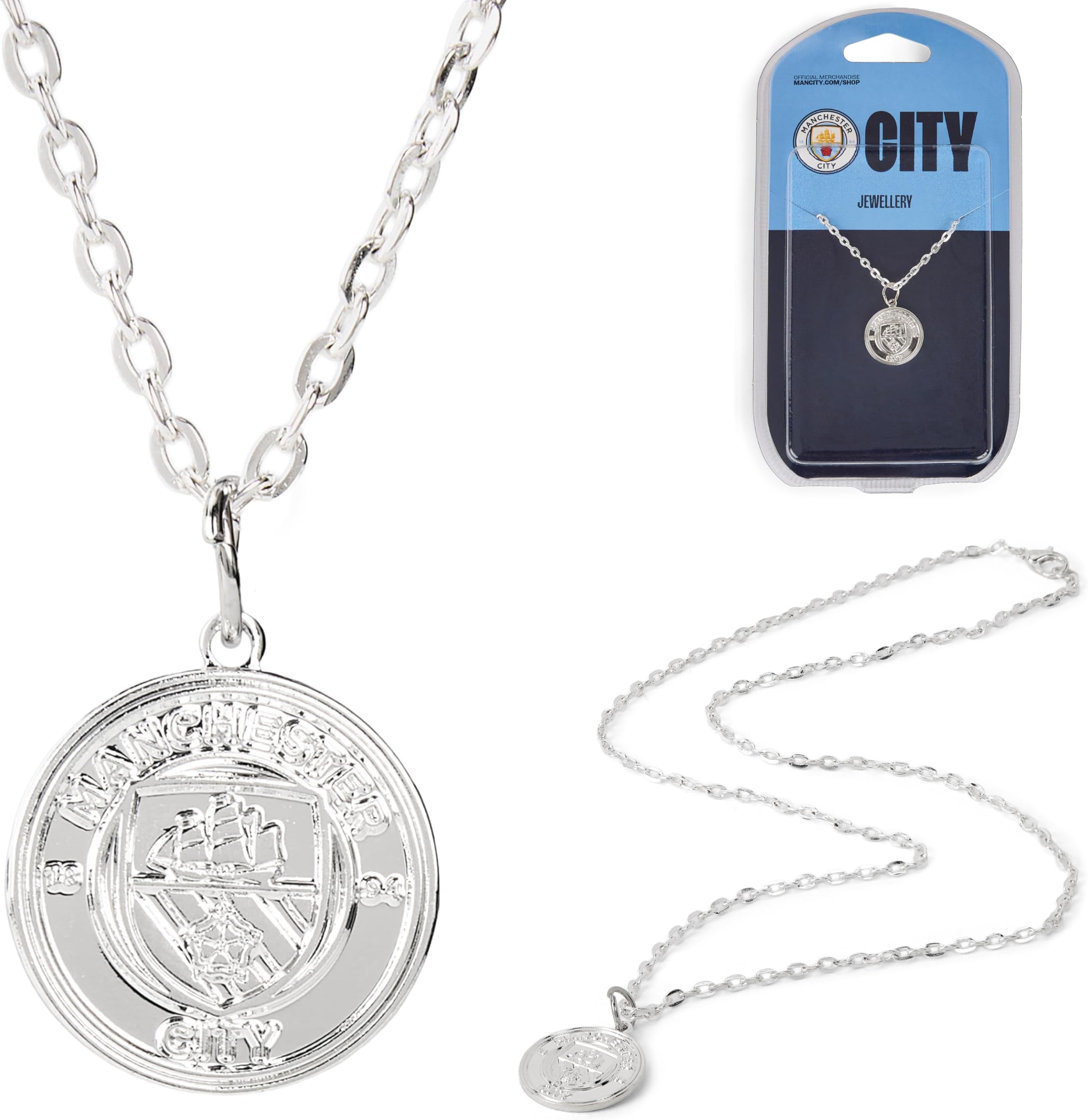 Officially Licensed Manchester City FC Crest Pendant Necklace, Silver Plated Chain, Men's Man City Accessory