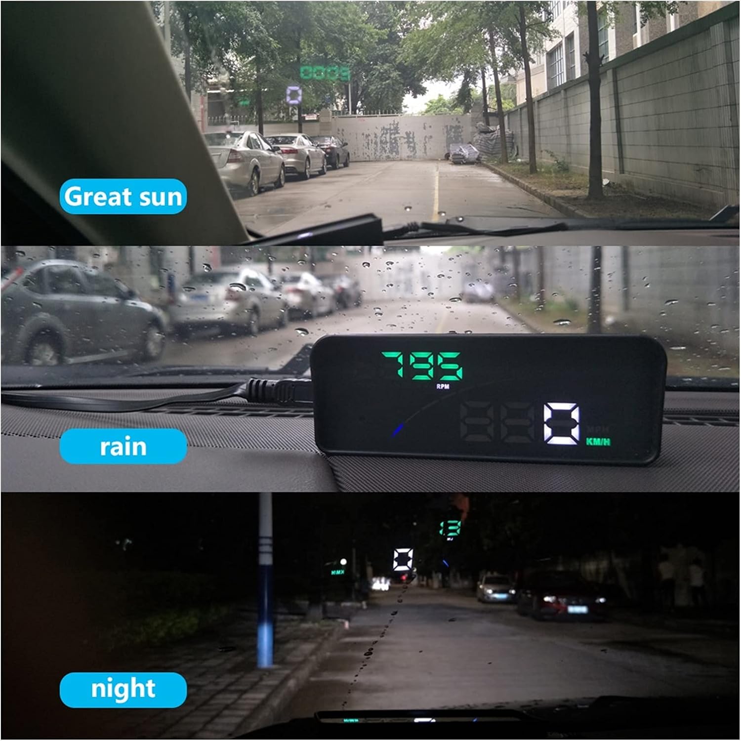 Three images showing the P9 HUD display clarity in different lighting conditions: great sun, rain, and night.